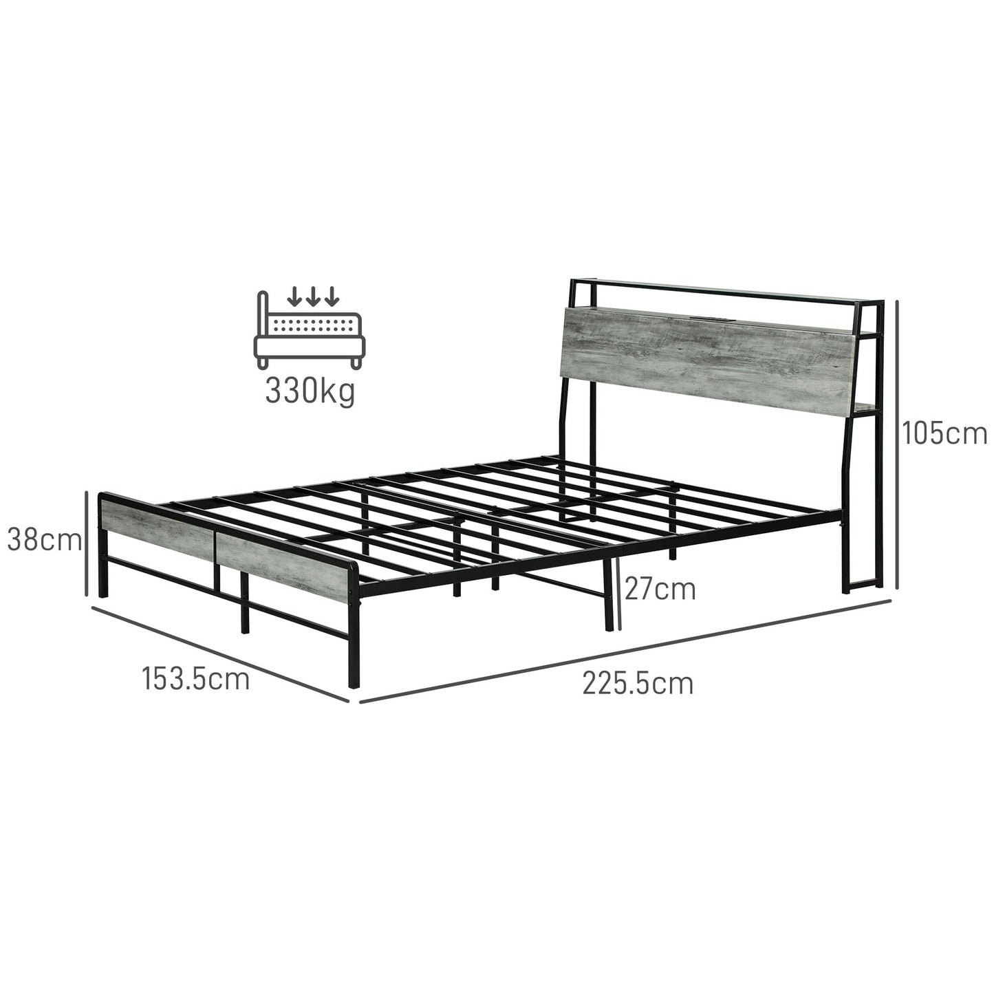 HOMCOM LED King Bed Frame with Charging Station, 150 x 200cm, Cement Grey