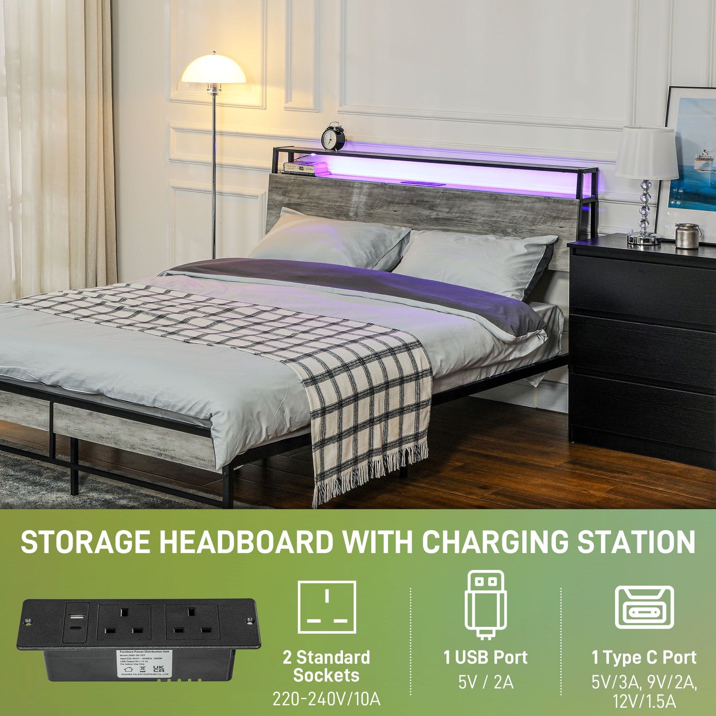 HOMCOM LED King Bed Frame with Charging Station, 150 x 200cm, Cement Grey