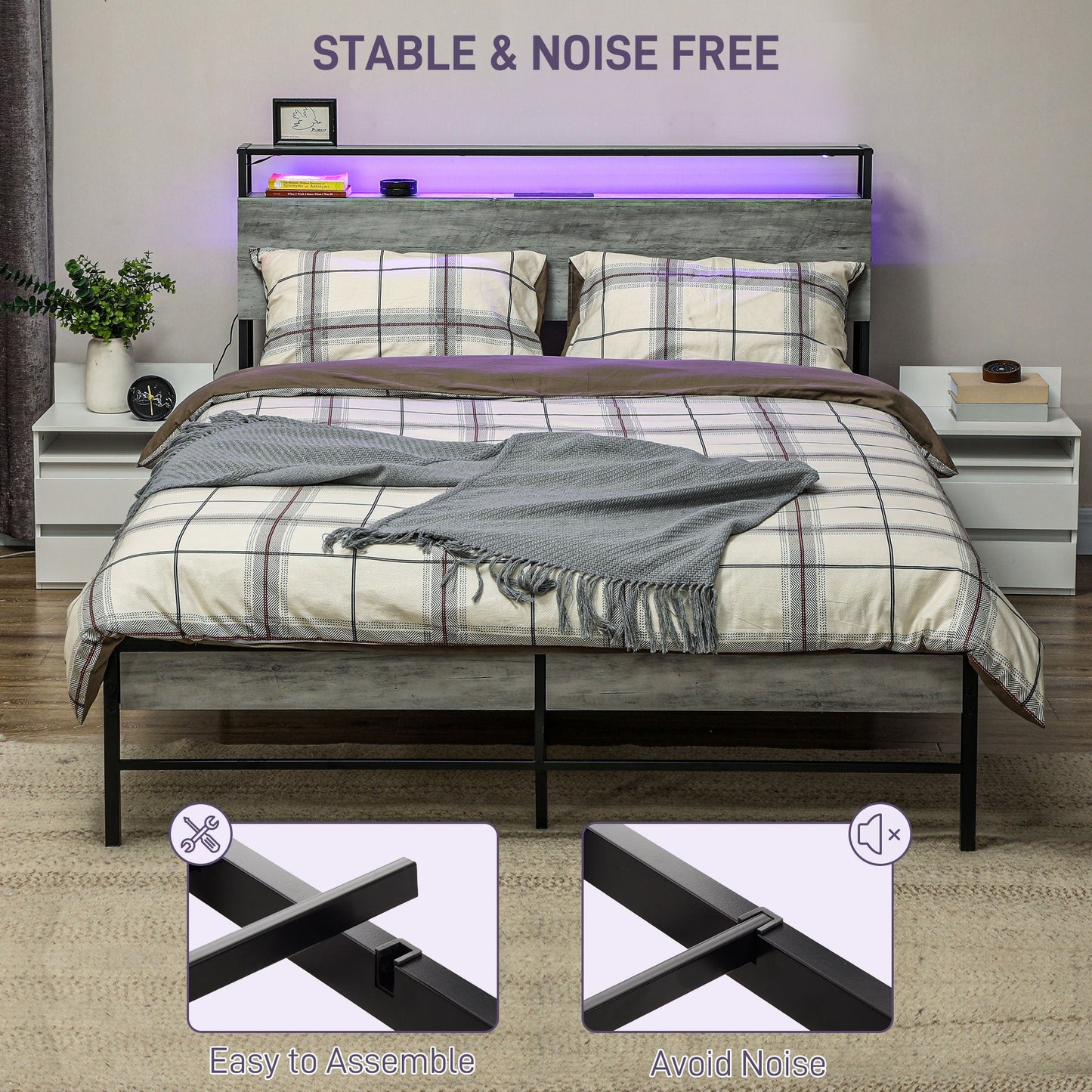 HOMCOM LED King Bed Frame with Charging Station, 150 x 200cm, Cement Grey