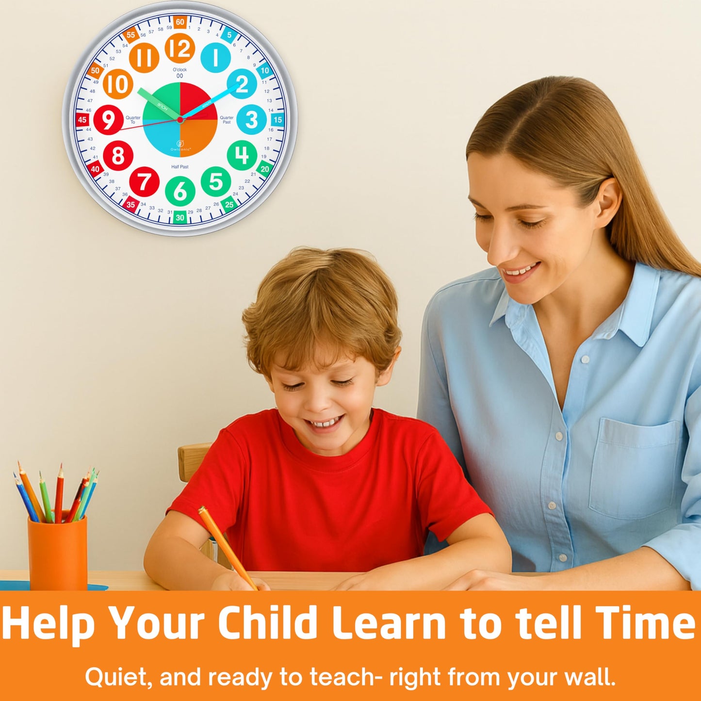 OWLCONIC Kids Clock — Silent Analog Time-Telling Clock for Home & Classroom