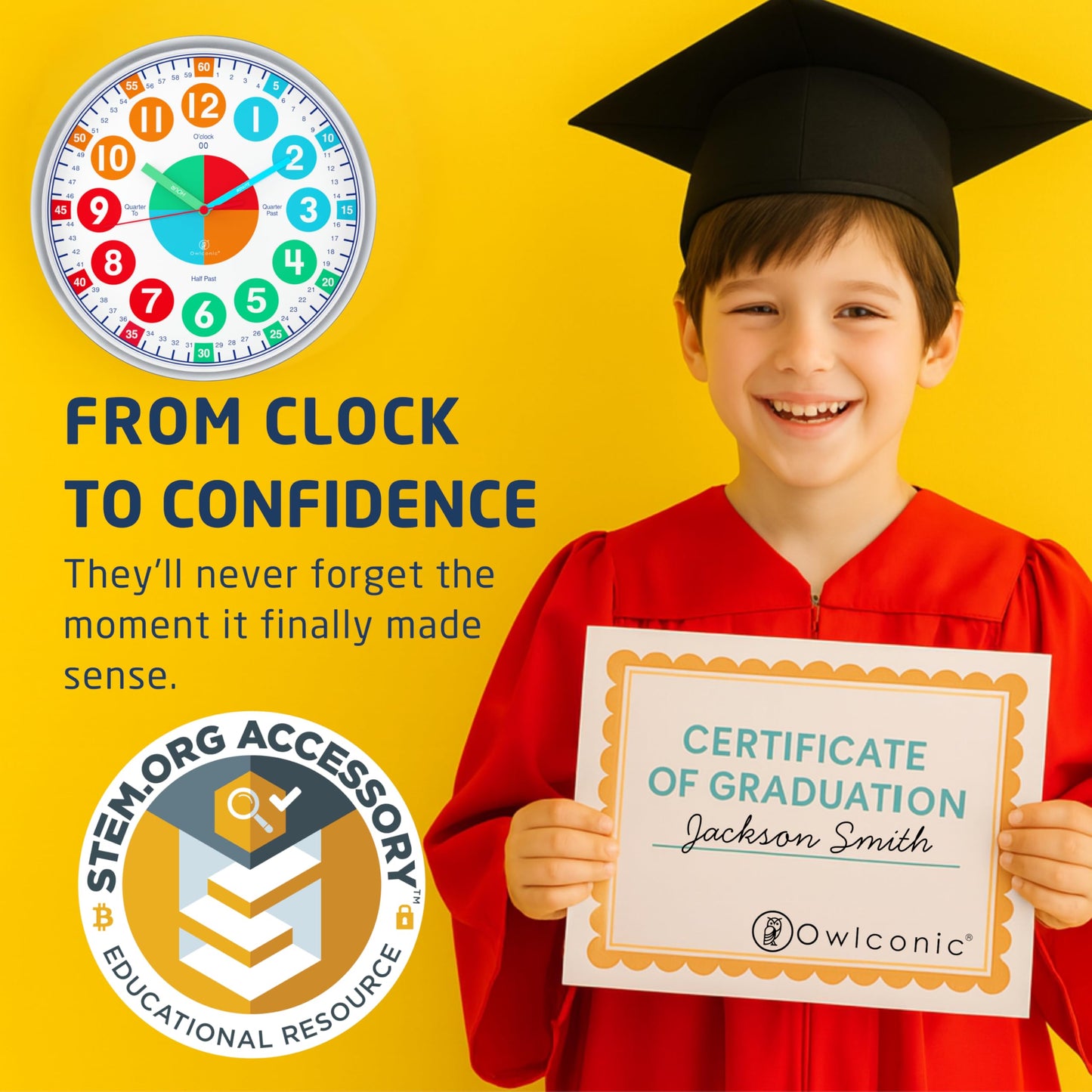 OWLCONIC Kids Clock — Silent Analog Time-Telling Clock for Home & Classroom