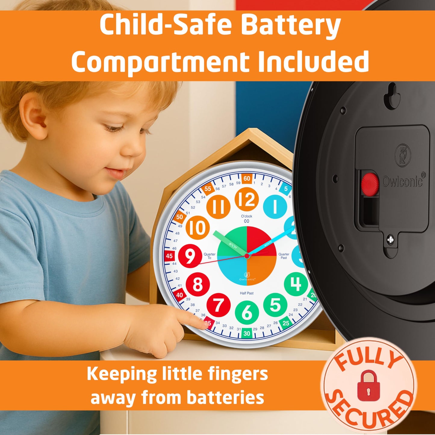 OWLCONIC Kids Clock — Silent Analog Time-Telling Clock for Home & Classroom