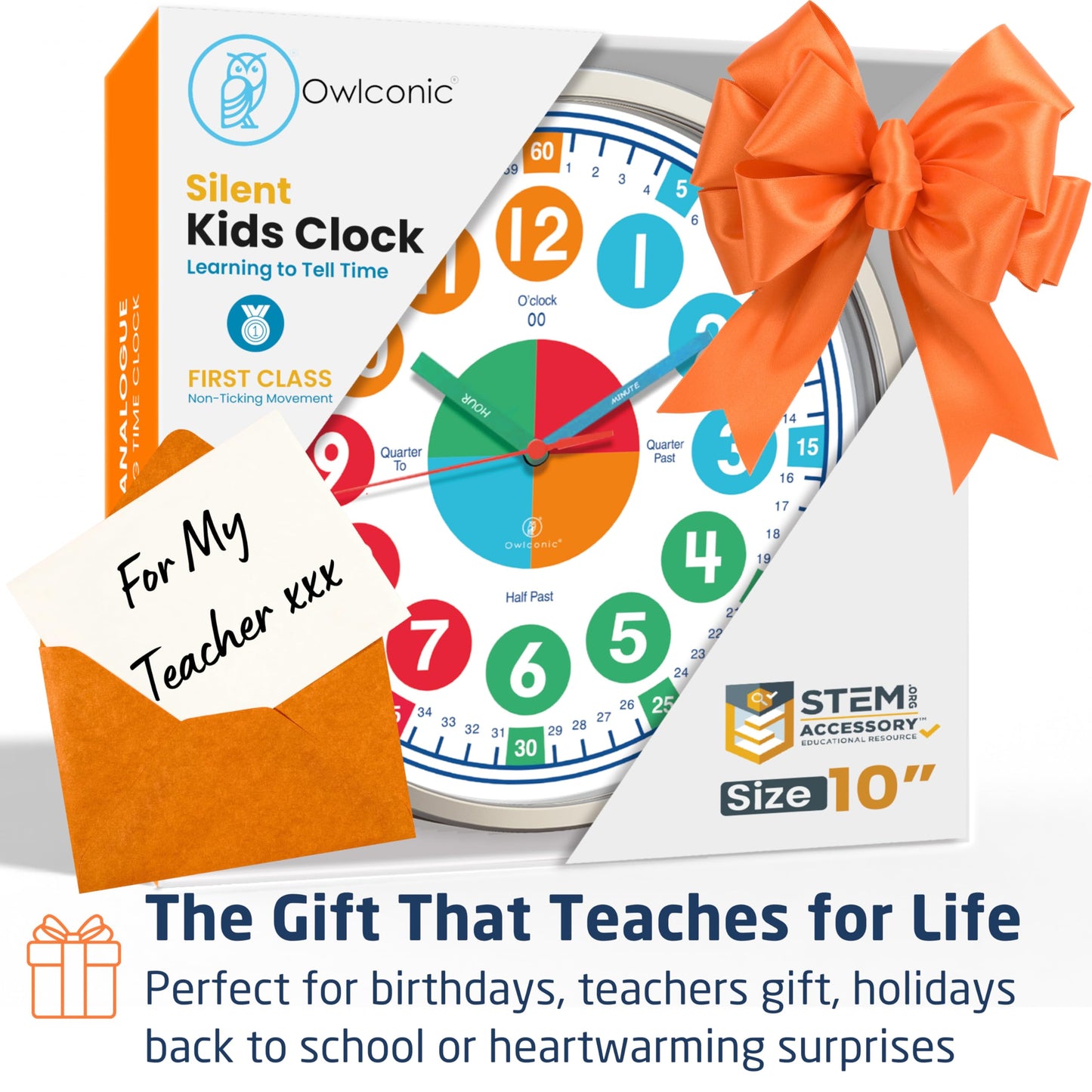 OWLCONIC Kids Clock — Silent Analog Time-Telling Clock for Home & Classroom