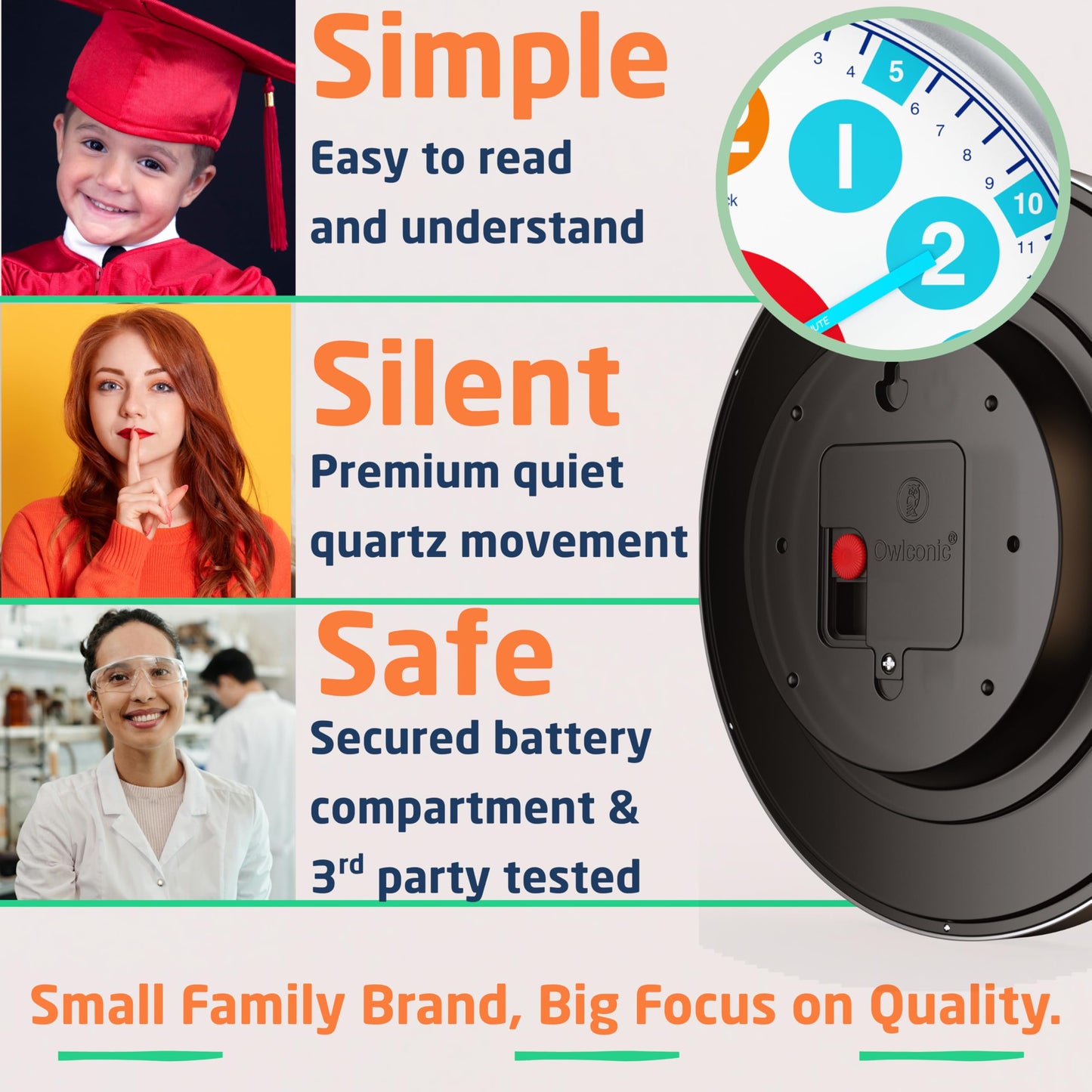 OWLCONIC Kids Clock — Silent Analog Time-Telling Clock for Home & Classroom