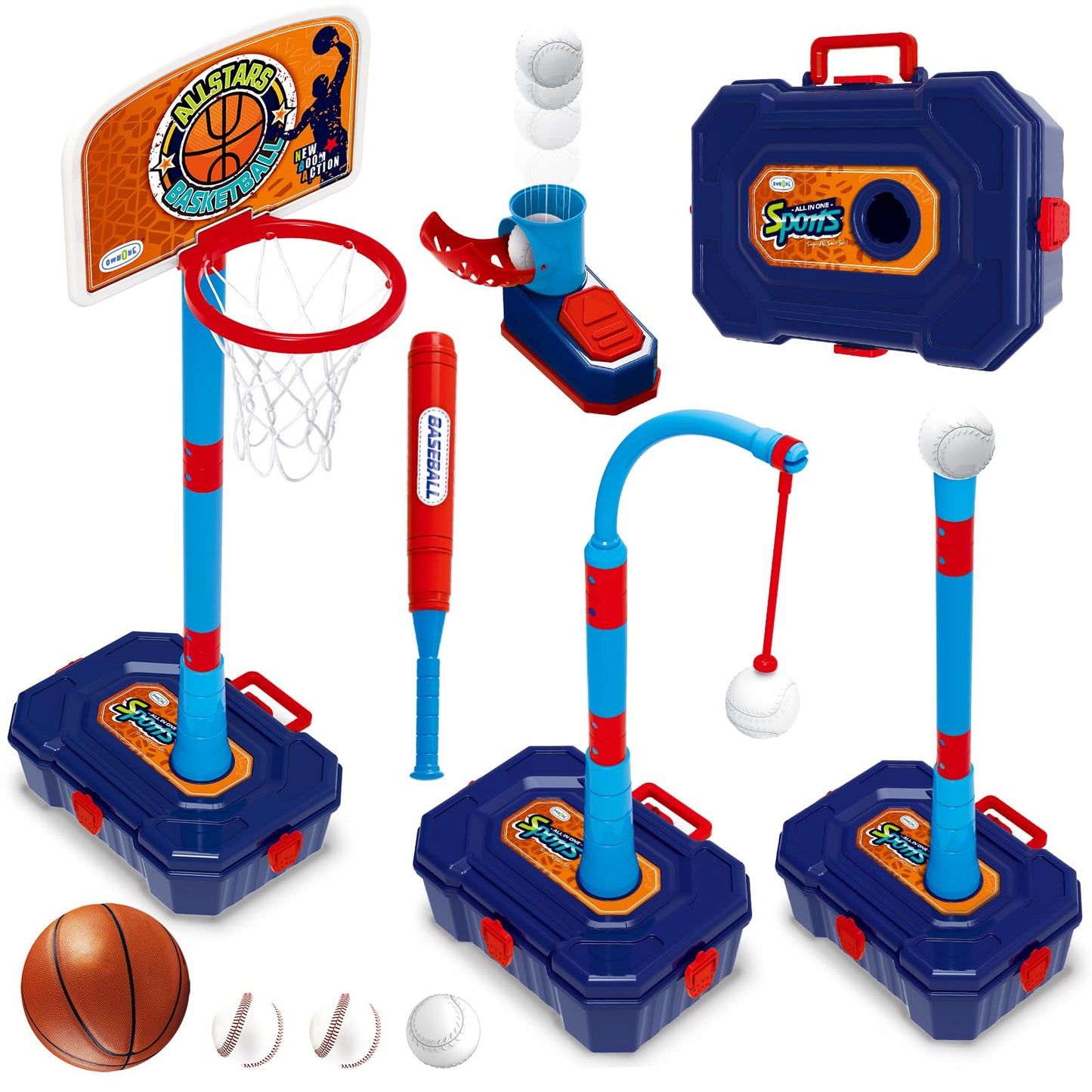 OWNONE 4-in-1 Basketball Hoop for Kids 1-5 | Adjustable Indoor Outdoor Basketball & T-Ball Set