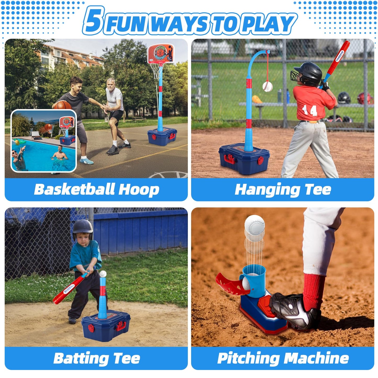 OWNONE 4-in-1 Basketball Hoop for Kids 1-5 | Adjustable Indoor Outdoor Basketball & T-Ball Set