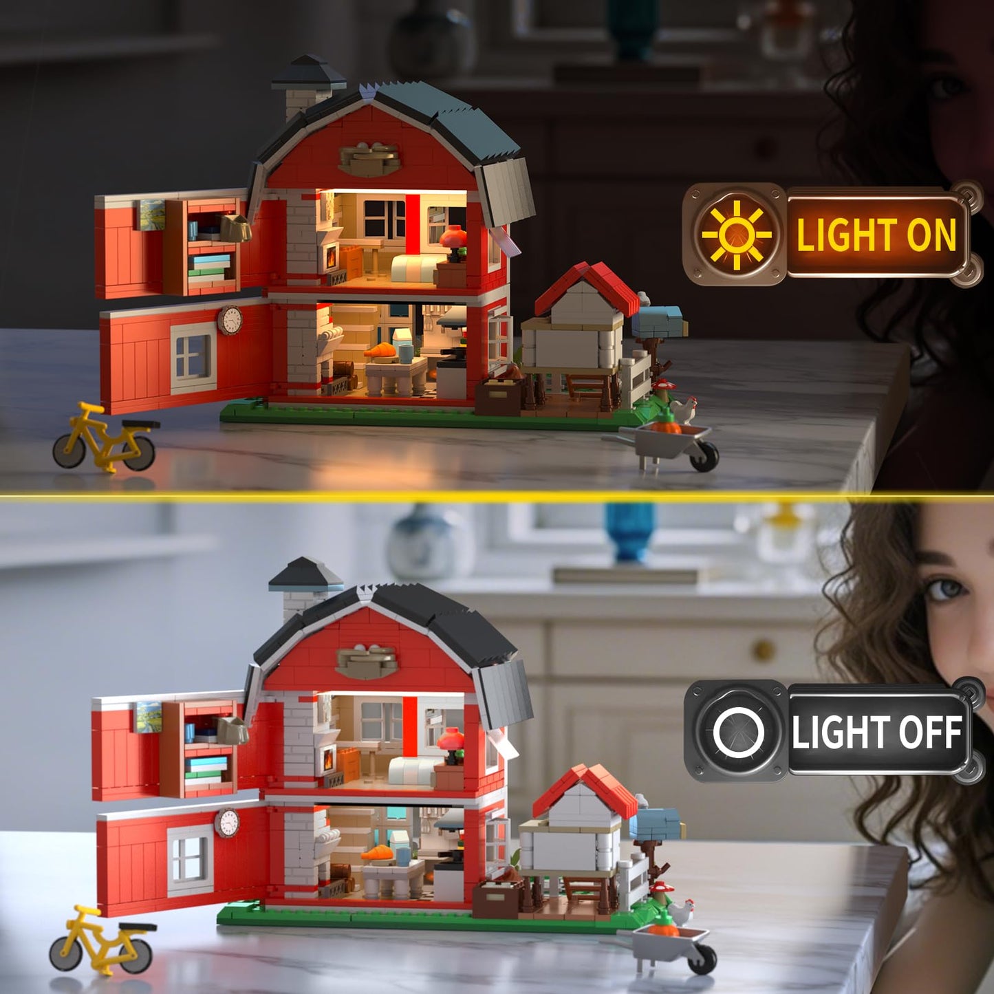 OWNONE Country Farm House Building Set with LED Lights – 1268 Pcs Rural Villa, Chicken Coop & Animals | Home Office Decor Gift
