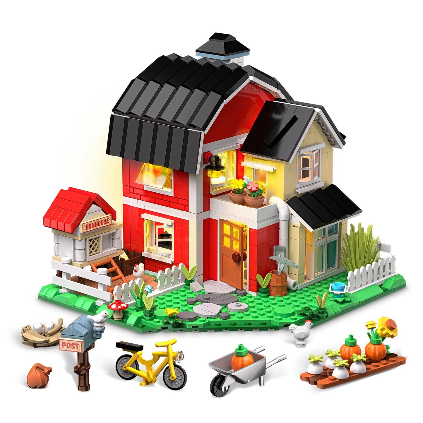 OWNONE Country Farm House Building Set with LED Lights – 1268 Pcs Rural Villa, Chicken Coop & Animals | Home Office Decor Gift