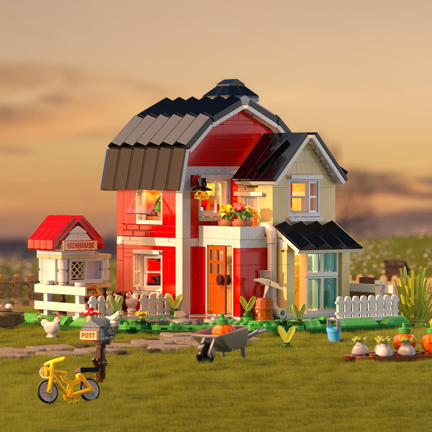 OWNONE Country Farm House Building Set with LED Lights – 1268 Pcs Rural Villa, Chicken Coop & Animals | Home Office Decor Gift