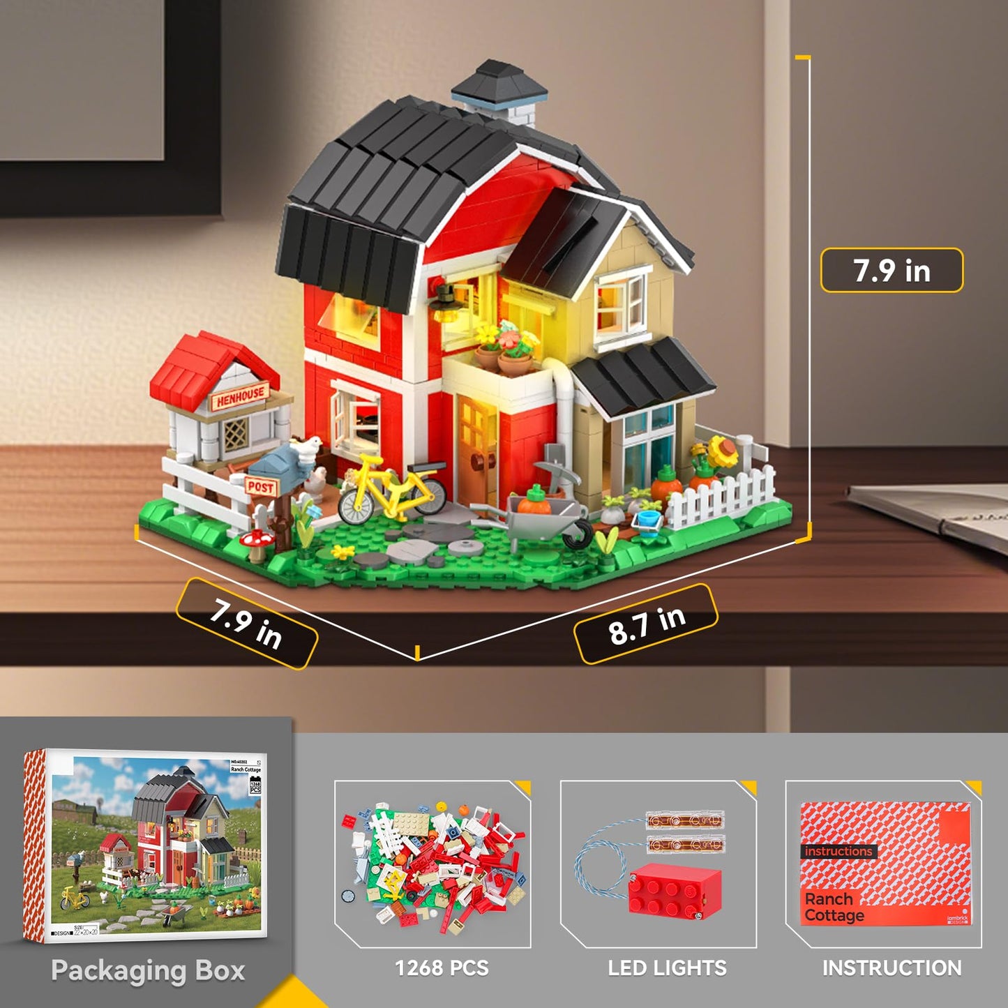 OWNONE Country Farm House Building Set with LED Lights – 1268 Pcs Rural Villa, Chicken Coop & Animals | Home Office Decor Gift