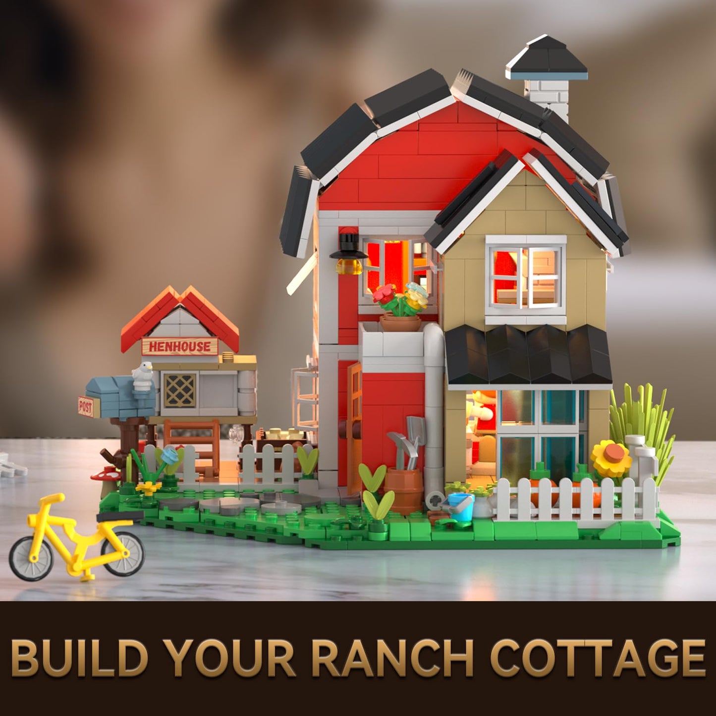 OWNONE Country Farm House Building Set with LED Lights – 1268 Pcs Rural Villa, Chicken Coop & Animals | Home Office Decor Gift