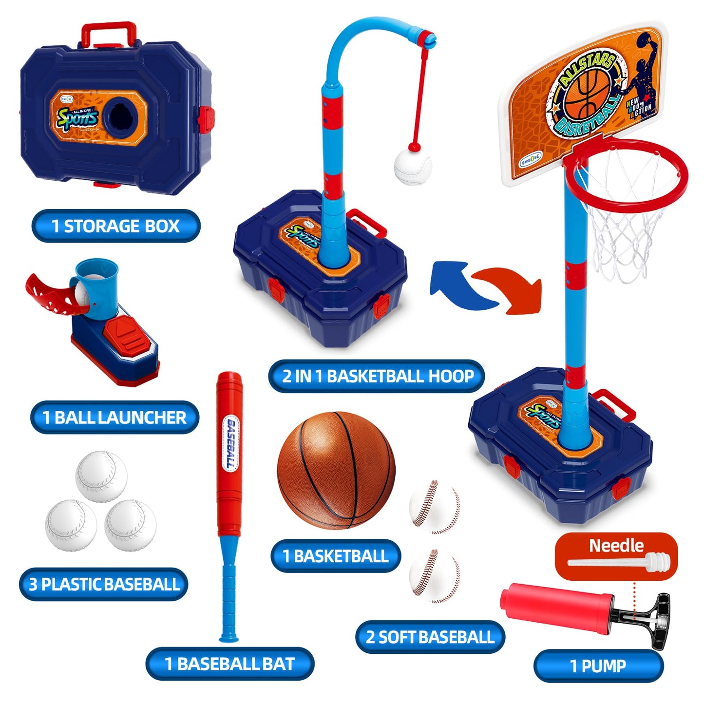 OWNONE 4-in-1 Basketball Hoop for Kids 1-5 | Adjustable Indoor Outdoor Basketball & T-Ball Set