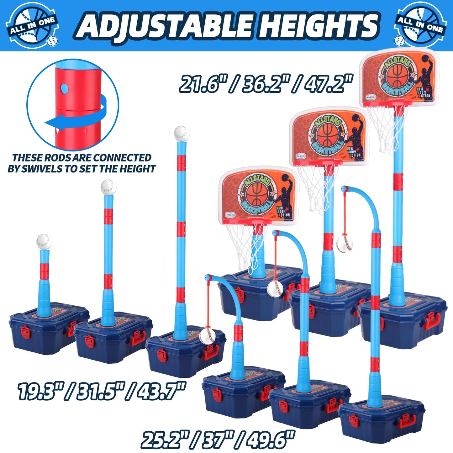 OWNONE 4-in-1 Basketball Hoop for Kids 1-5 | Adjustable Indoor Outdoor Basketball & T-Ball Set