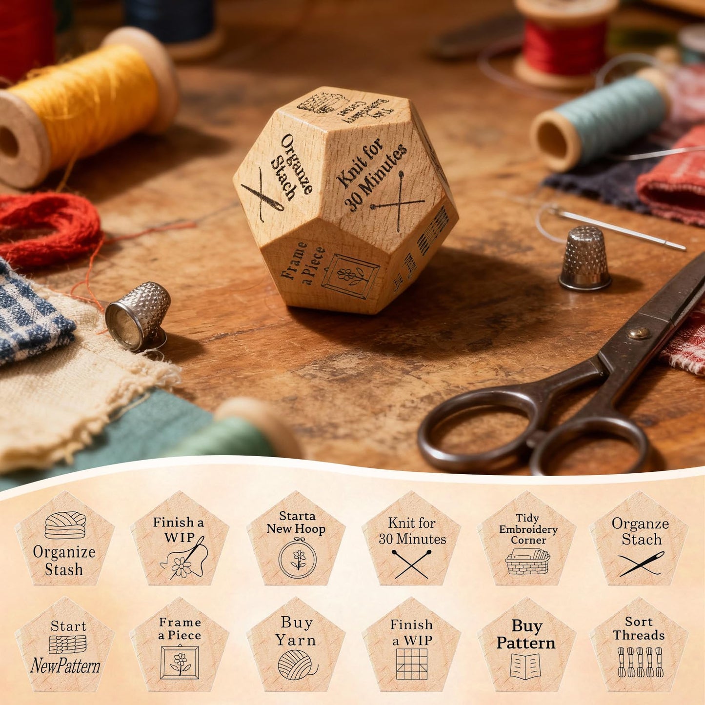 Oyeftp Quilter's Dice – Handmade Wooden Quilting Decision Dice with 12 Engraved Tasks
