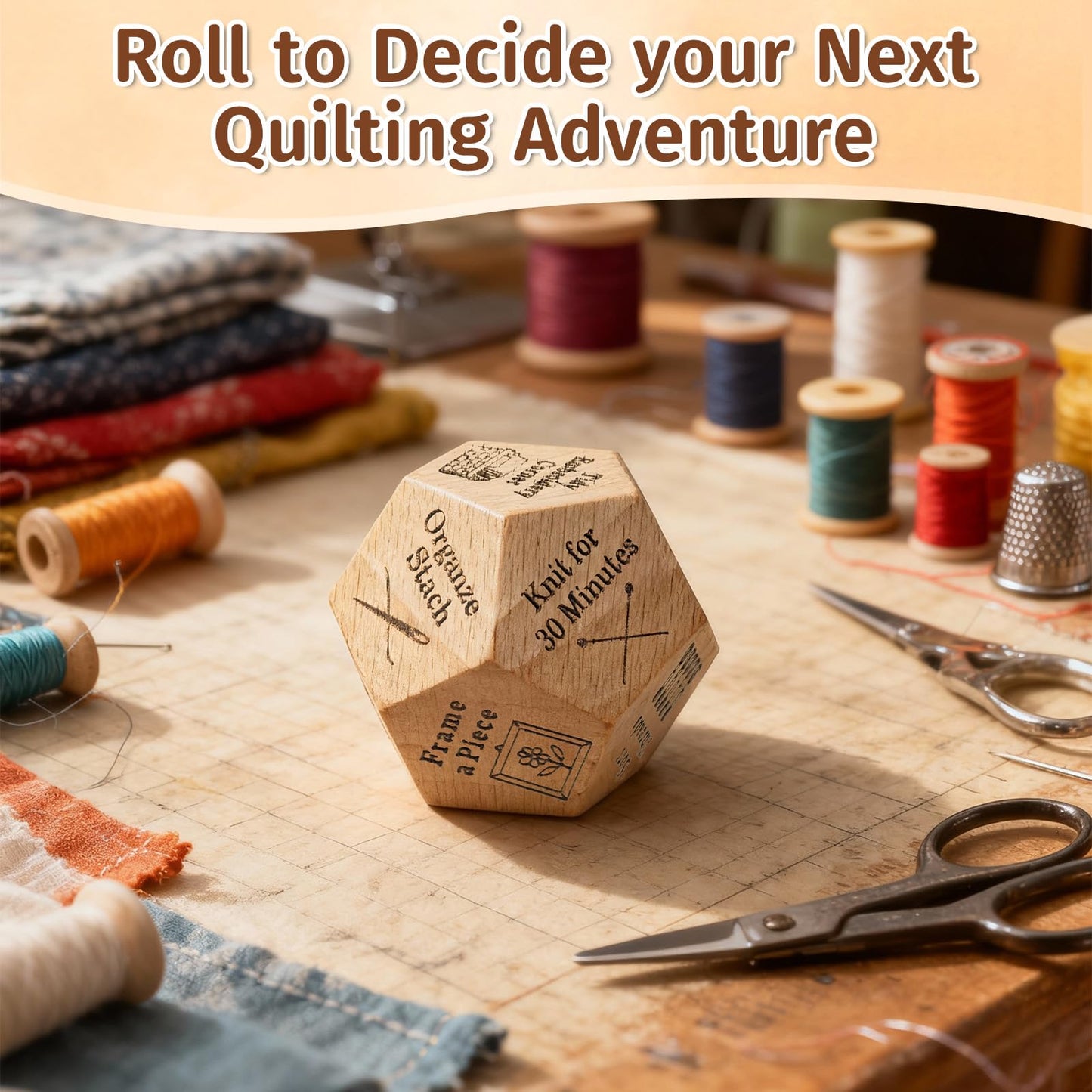 Oyeftp Quilter's Dice – Handmade Wooden Quilting Decision Dice with 12 Engraved Tasks