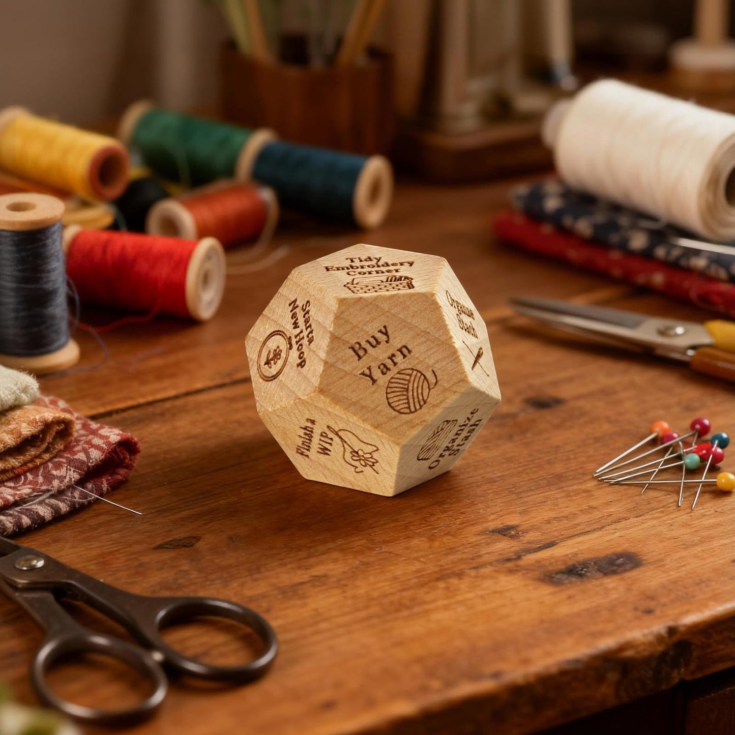 Oyeftp Quilter's Dice – Handmade Wooden Quilting Decision Dice with 12 Engraved Tasks
