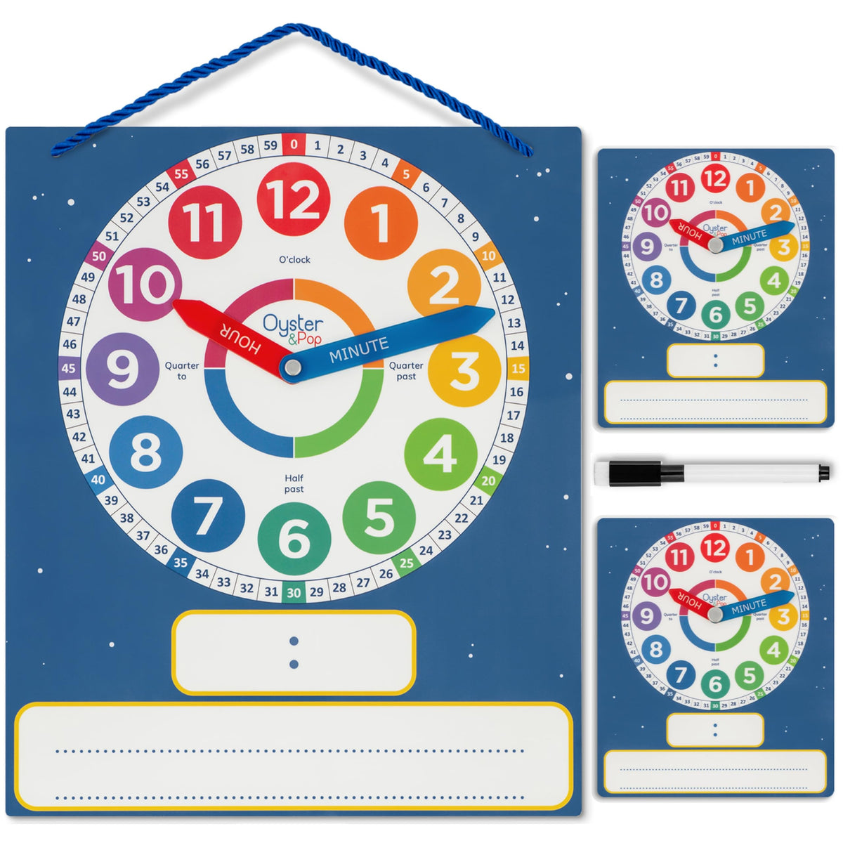 Oyster&Pop 3 Pack Dry Erase Learning Clocks – Large Magnetic Clock + 2 Student Clocks + E-Book