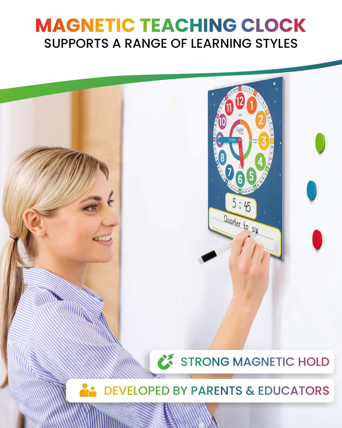Oyster&Pop 3 Pack Dry Erase Learning Clocks – Large Magnetic Clock + 2 Student Clocks + E-Book