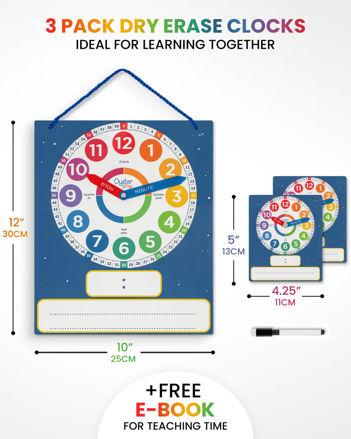 Oyster&Pop 3 Pack Dry Erase Learning Clocks – Large Magnetic Clock + 2 Student Clocks + E-Book
