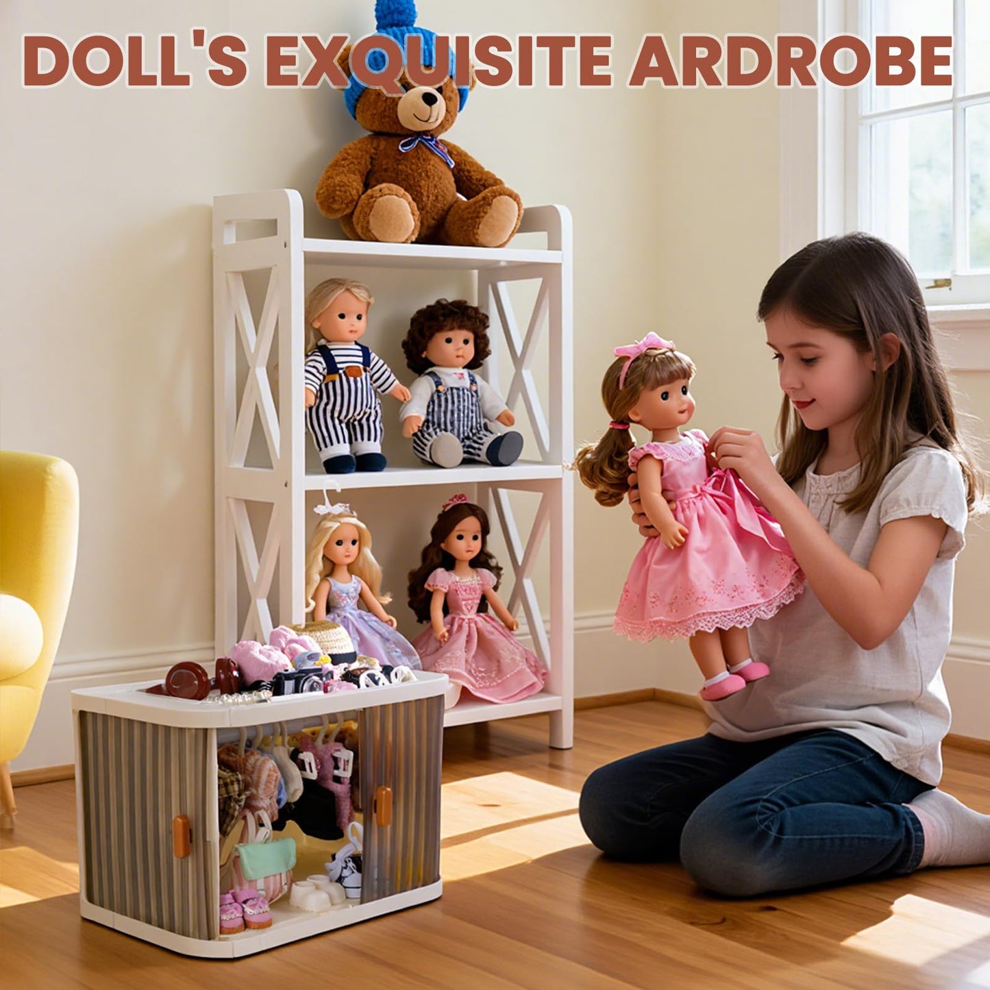 Oythyg Foldable Doll Wardrobe with Stand – 10 Hangers, Rod & Stackable Cabinet