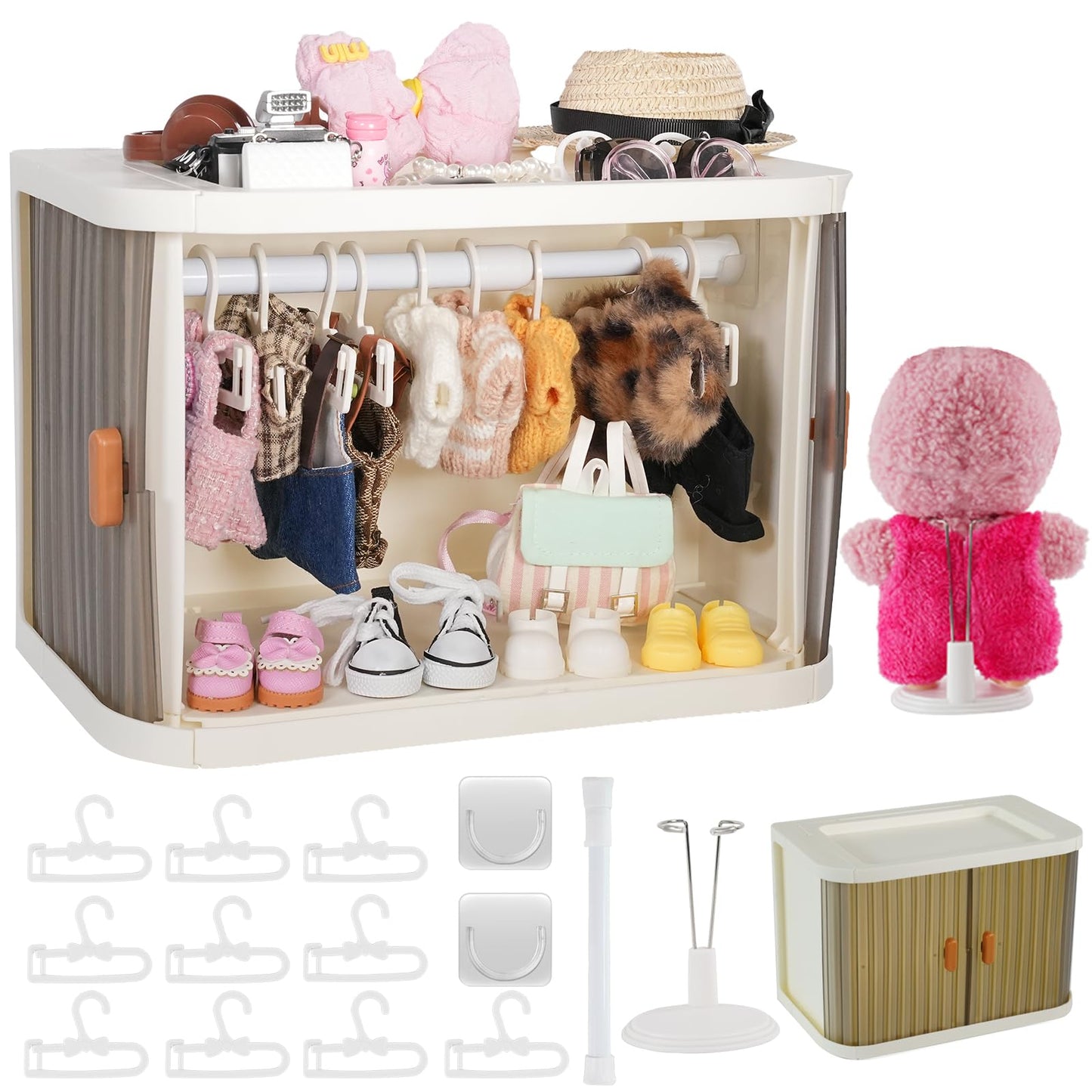 Oythyg Foldable Doll Wardrobe with Stand – 10 Hangers, Rod & Stackable Cabinet