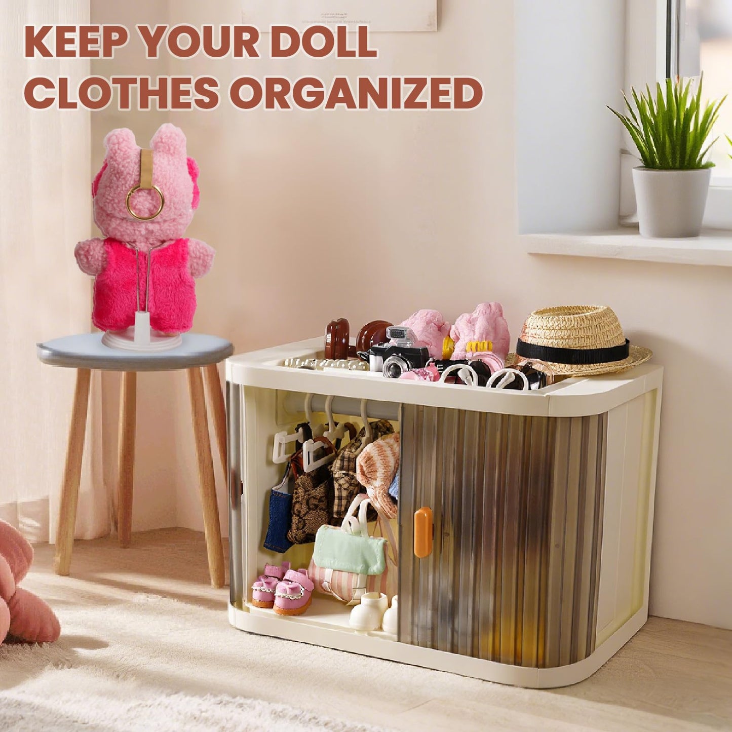 Oythyg Foldable Doll Wardrobe with Stand – 10 Hangers, Rod & Stackable Cabinet