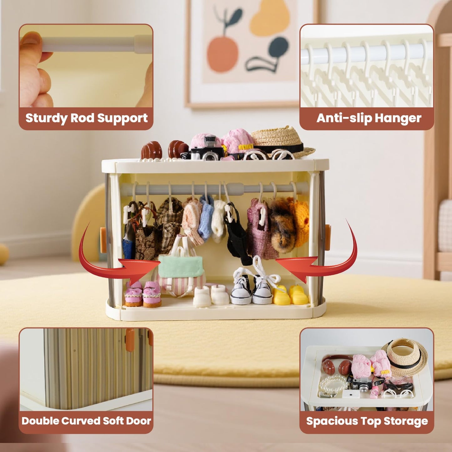Oythyg Foldable Doll Wardrobe with Stand – 10 Hangers, Rod & Stackable Cabinet