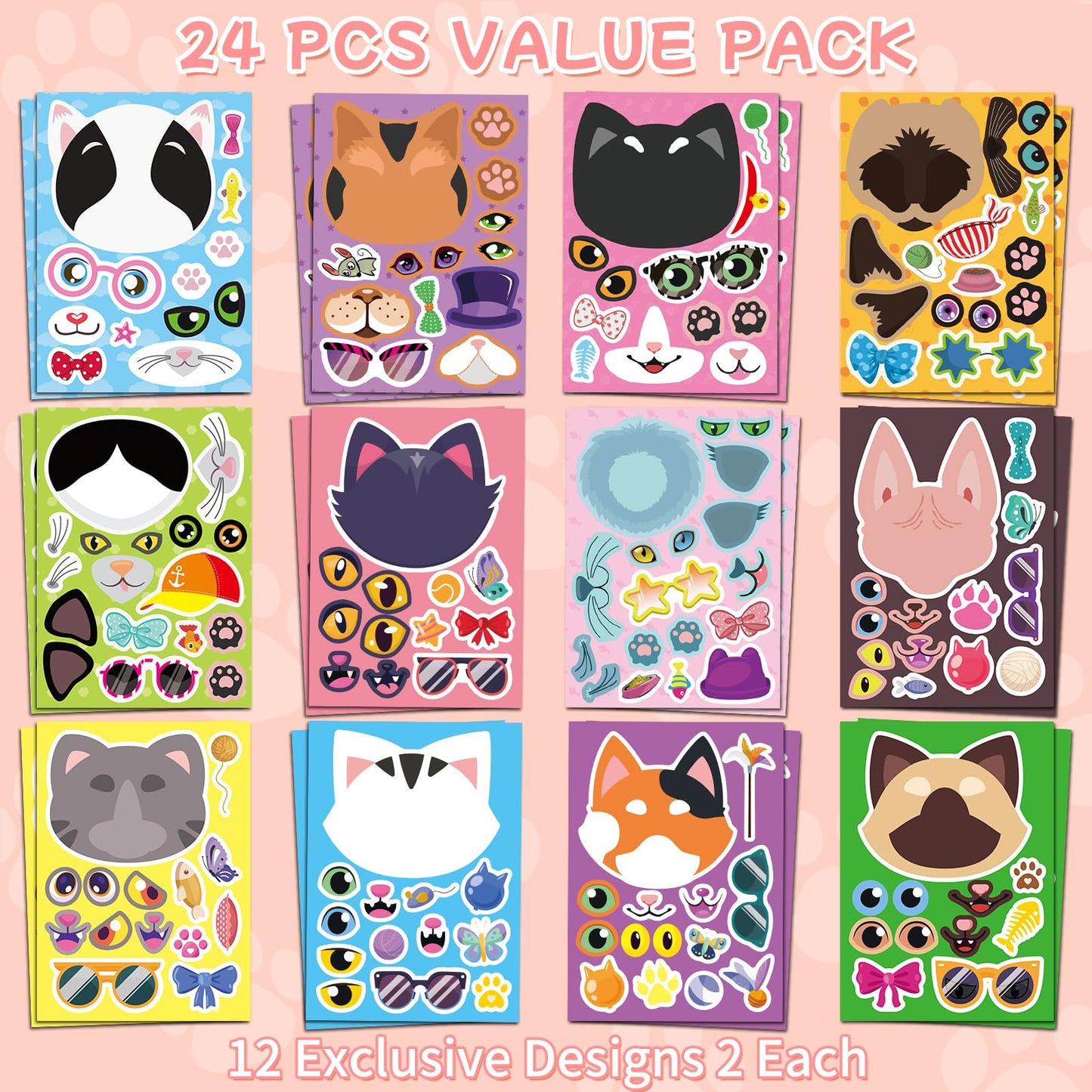 Ozepao 24 Sheets Cat Stickers Pack | Create Cat Faces & Party Crafts