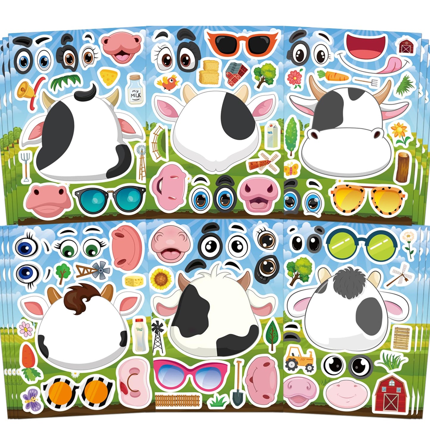Ozepao Cow Stickers 24 Pcs - Make-A-Face Mix and Match Sheets for Kids | Party Favors & Crafts