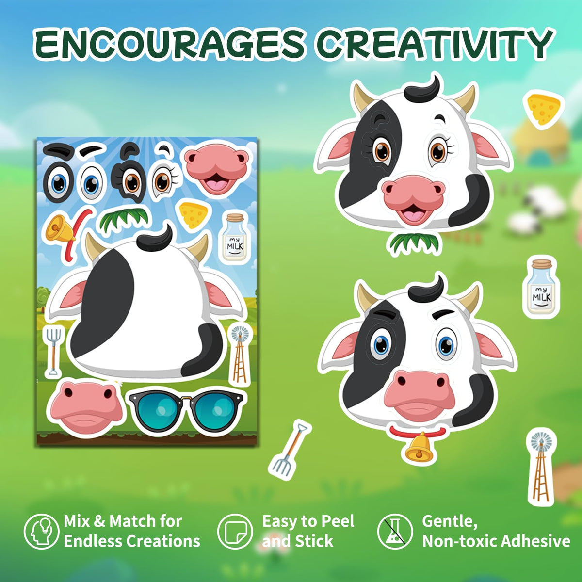 Ozepao Cow Stickers 24 Pcs - Make-A-Face Mix and Match Sheets for Kids | Party Favors & Crafts