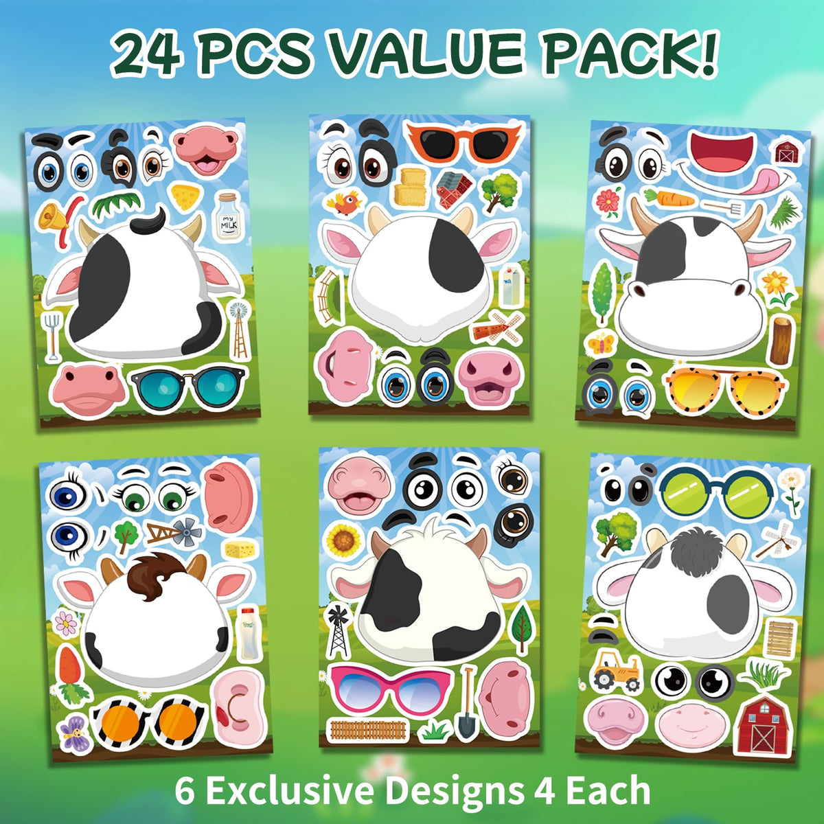Ozepao Cow Stickers 24 Pcs - Make-A-Face Mix and Match Sheets for Kids | Party Favors & Crafts
