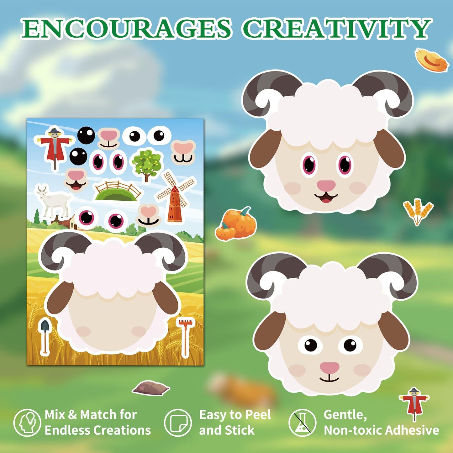 Ozepao 36-Pcs Farm Animals Make-A-Face Sticker Sheets | Mix & Match for Kids 2–6