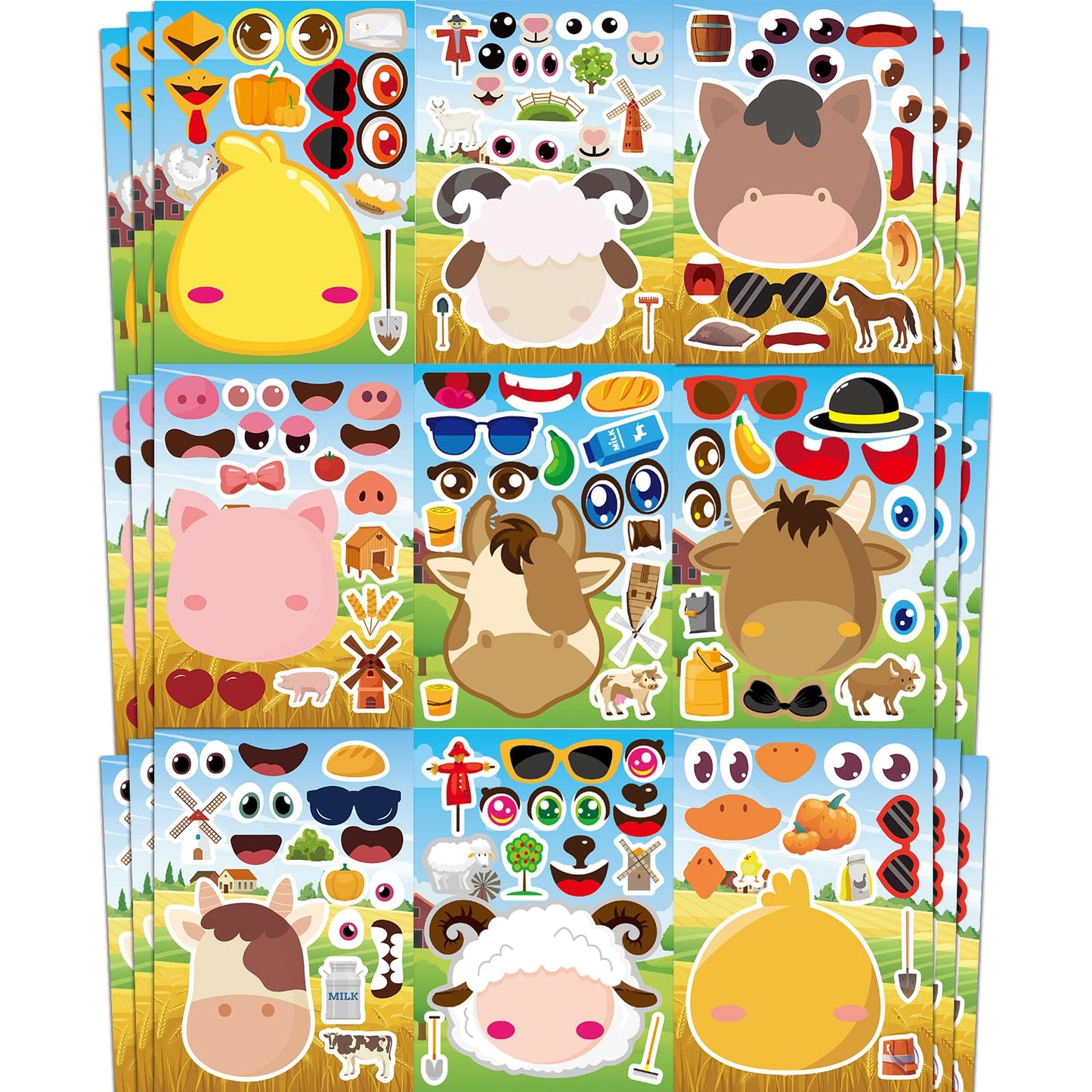 Ozepao 36-Pcs Farm Animals Make-A-Face Sticker Sheets | Mix & Match for Kids 2–6