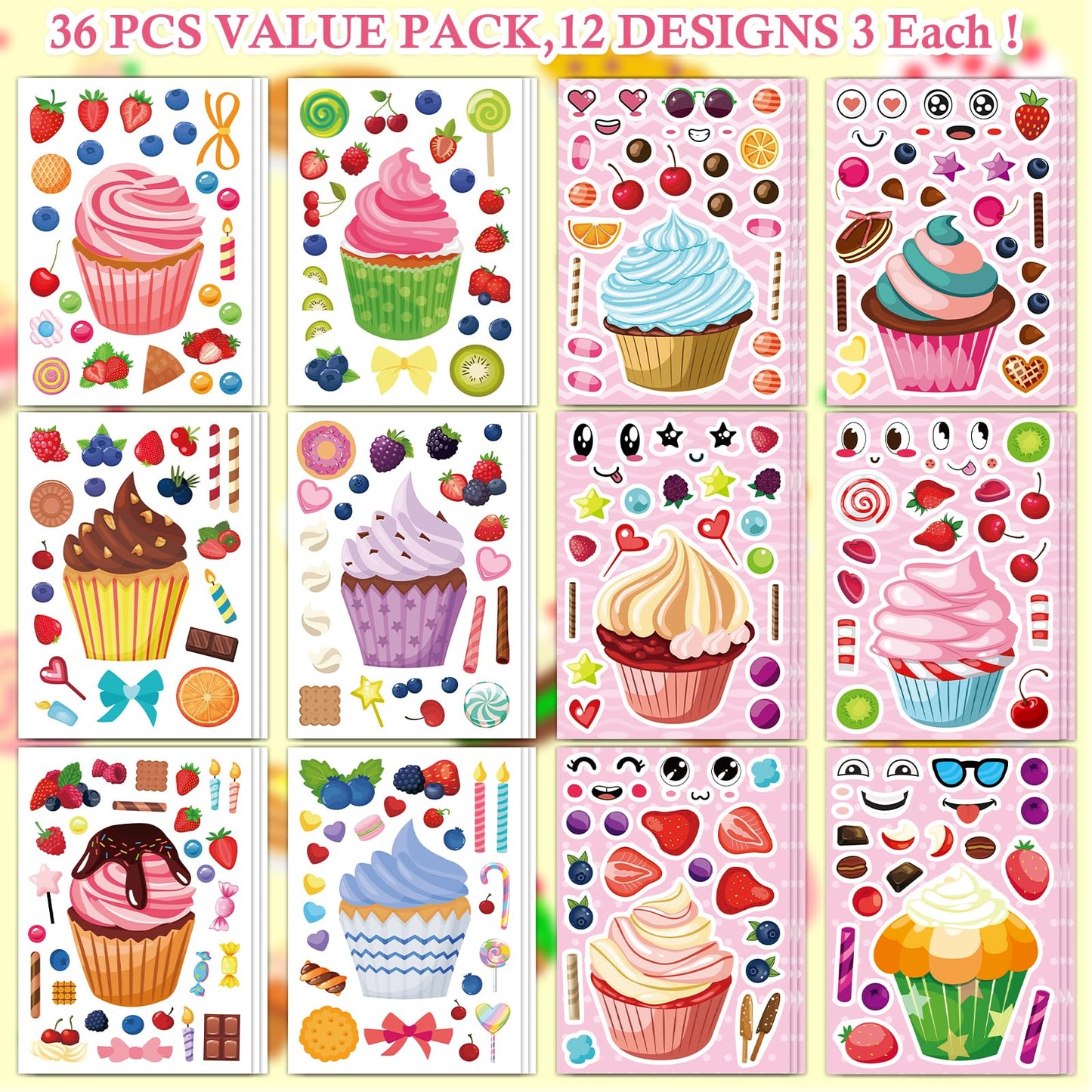 Ozepao 36 Pcs Cupcake Sticker Sheets | Mix & Match Ice Cream Desserts for Toddlers & Kids (2-8) | Party Favors & Crafts