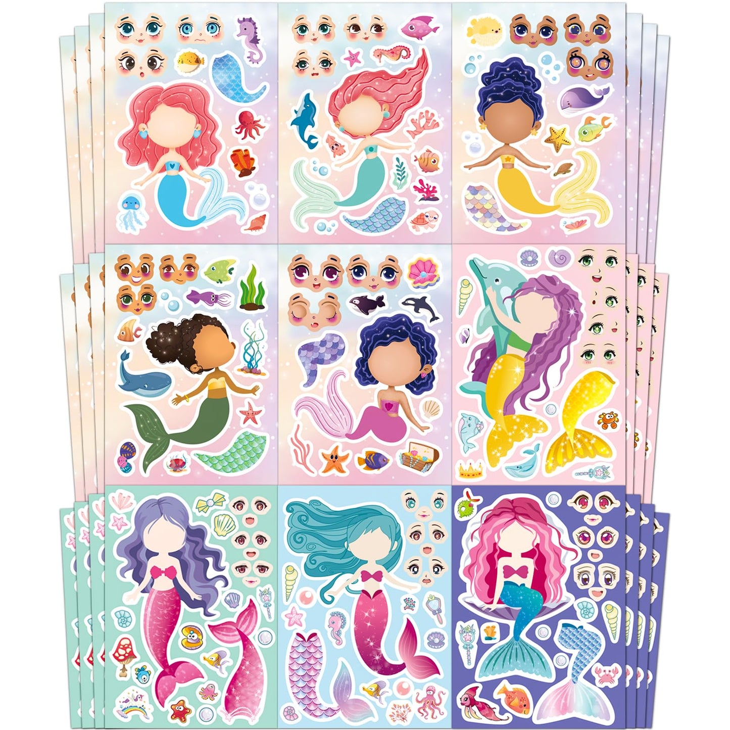 Ozepao 48 Pcs Mermaid Sticker Sheets – Mix & Match Party Favors & Birthday Decor | 16 Designs (3 Each)