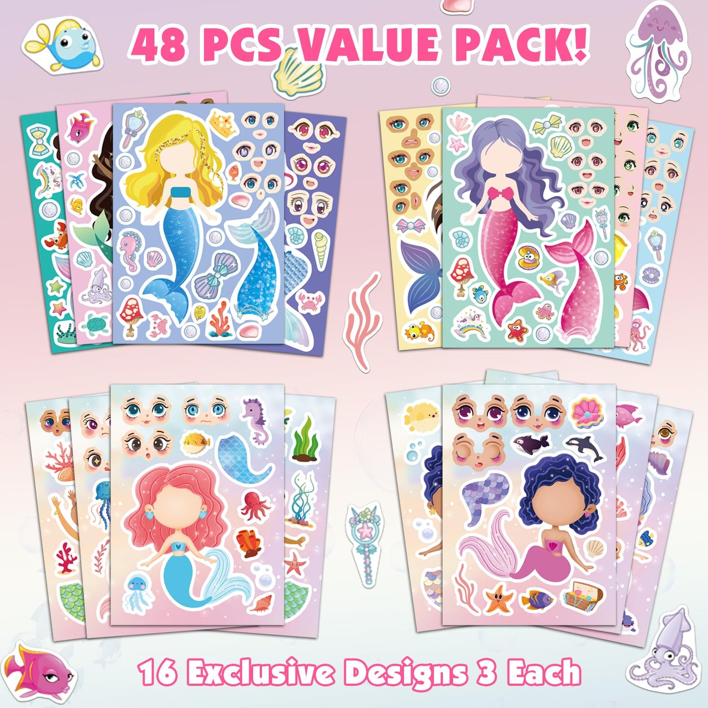 Ozepao 48 Pcs Mermaid Sticker Sheets – Mix & Match Party Favors & Birthday Decor | 16 Designs (3 Each)