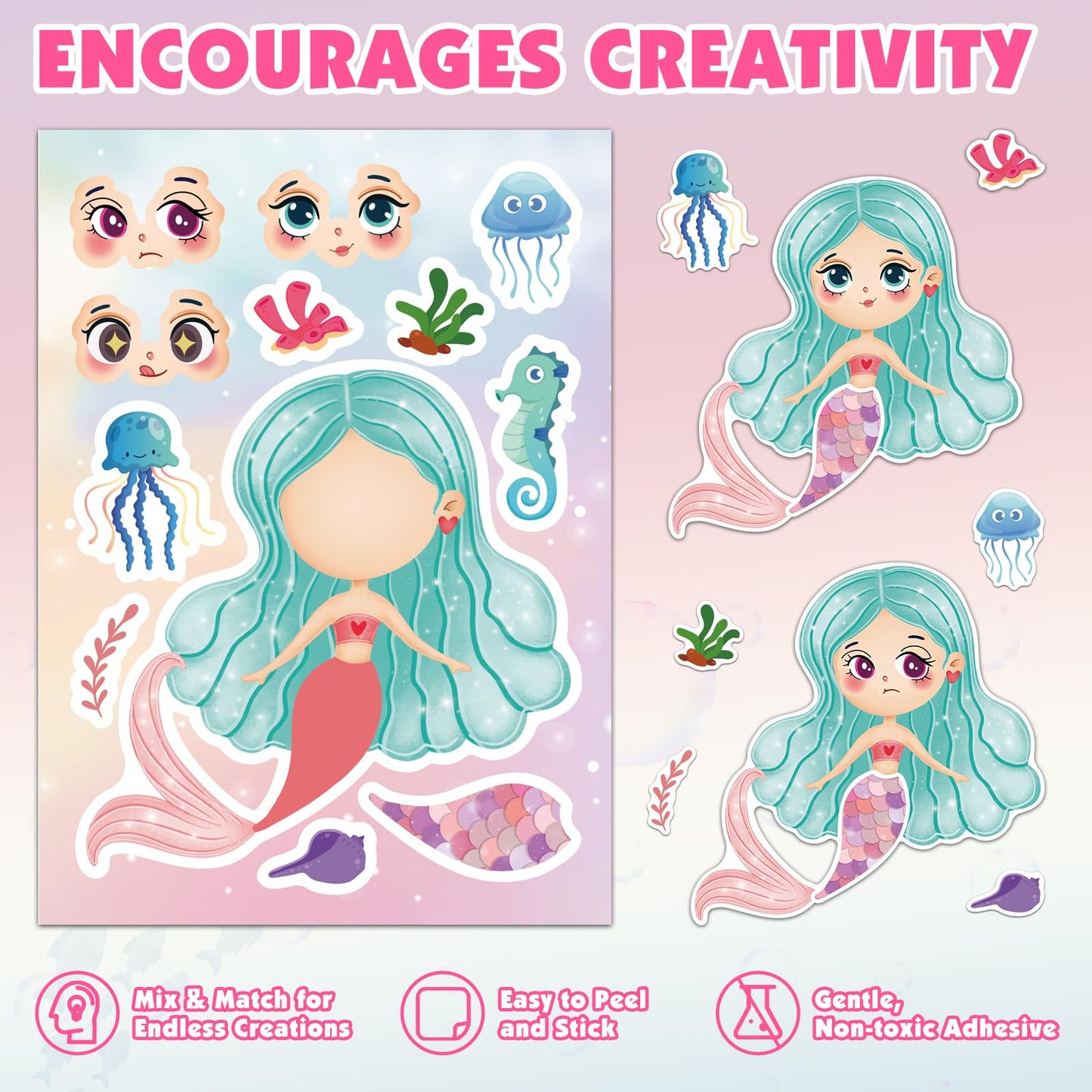 Ozepao 48 Pcs Mermaid Sticker Sheets – Mix & Match Party Favors & Birthday Decor | 16 Designs (3 Each)