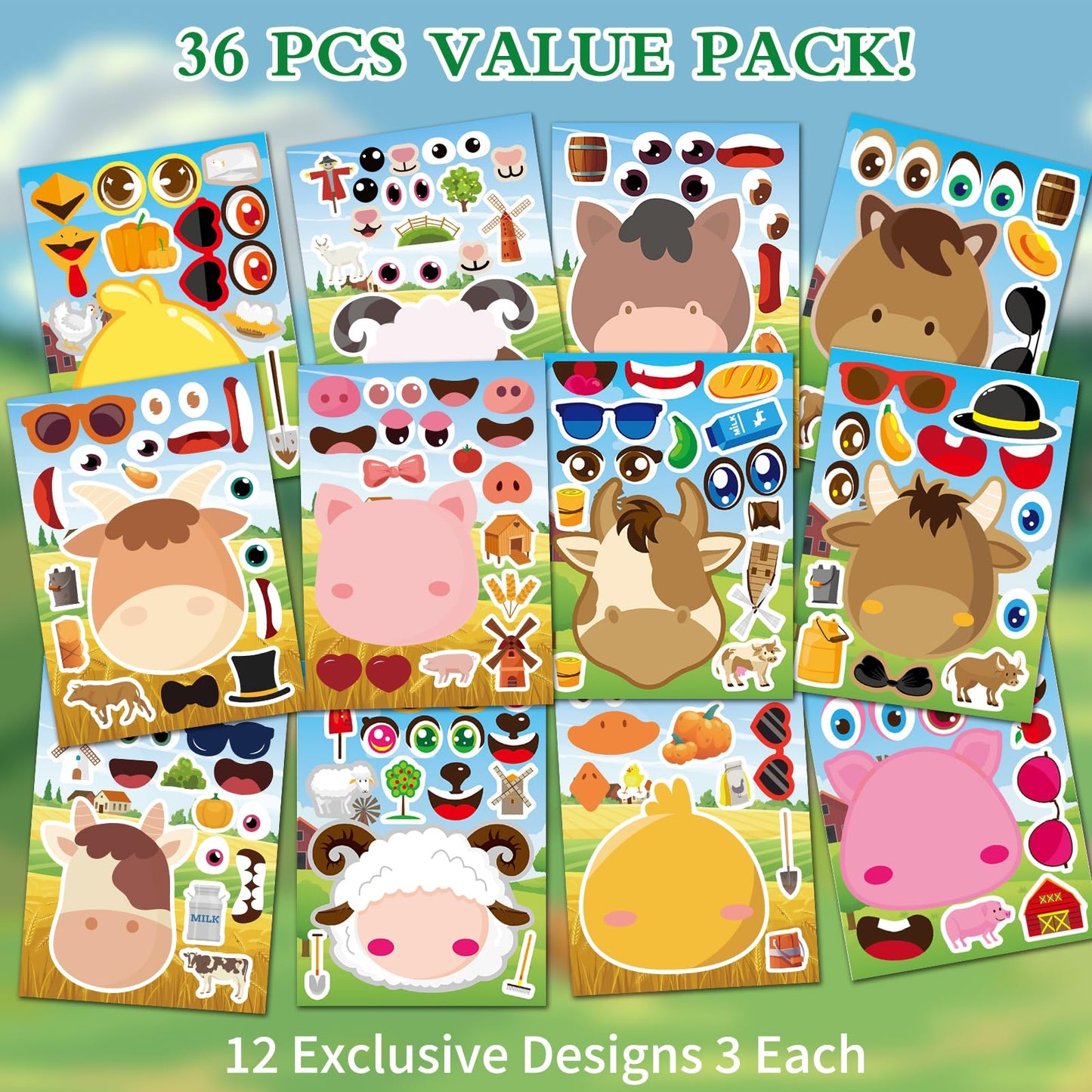 Ozepao 36-Pcs Farm Animals Make-A-Face Sticker Sheets | Mix & Match for Kids 2–6