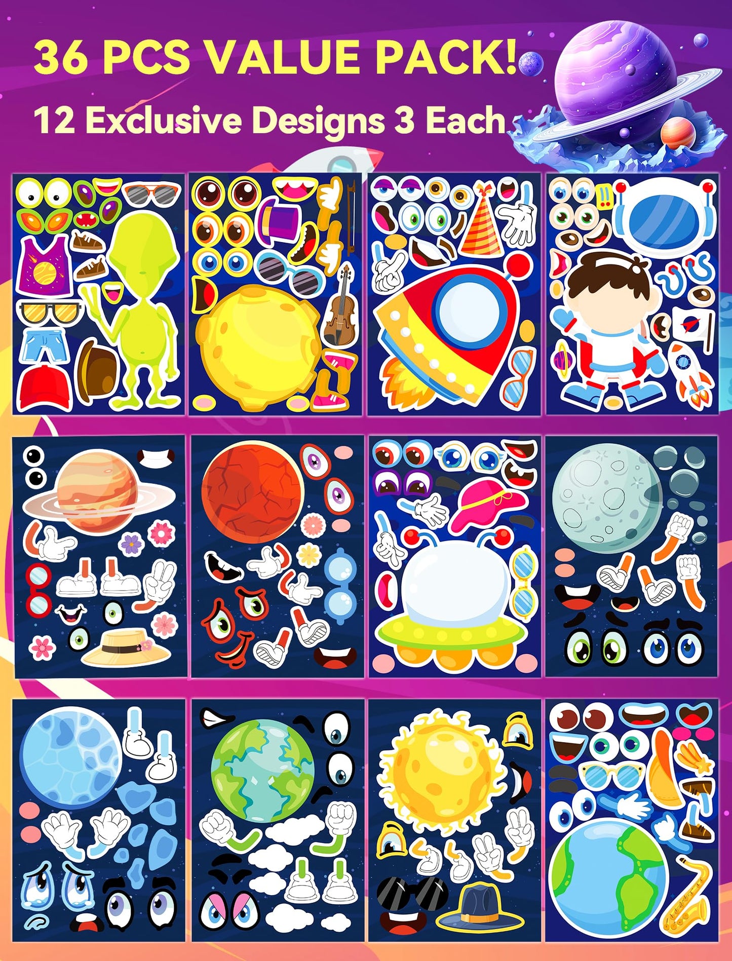 Ozepao 36 Pcs Outer Space Make-A-Face Sticker Sheets | Space Party Favors & Crafts