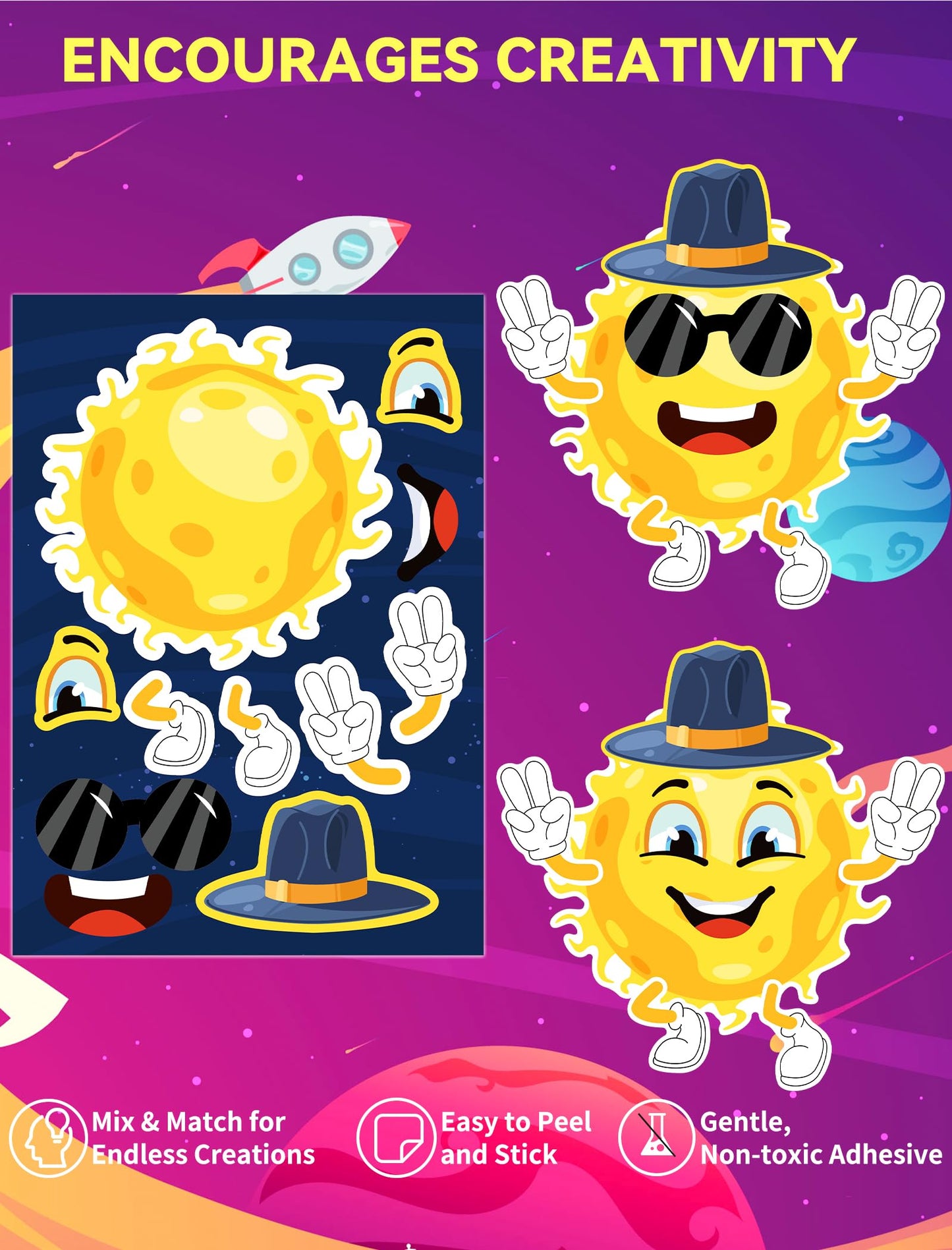 Ozepao 36 Pcs Outer Space Make-A-Face Sticker Sheets | Space Party Favors & Crafts