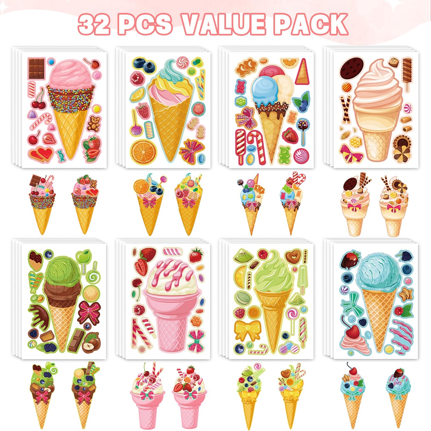 Ozepao 32 Sheets Ice Cream Stickers for Kids | Make a Face Party Decorations & Favors