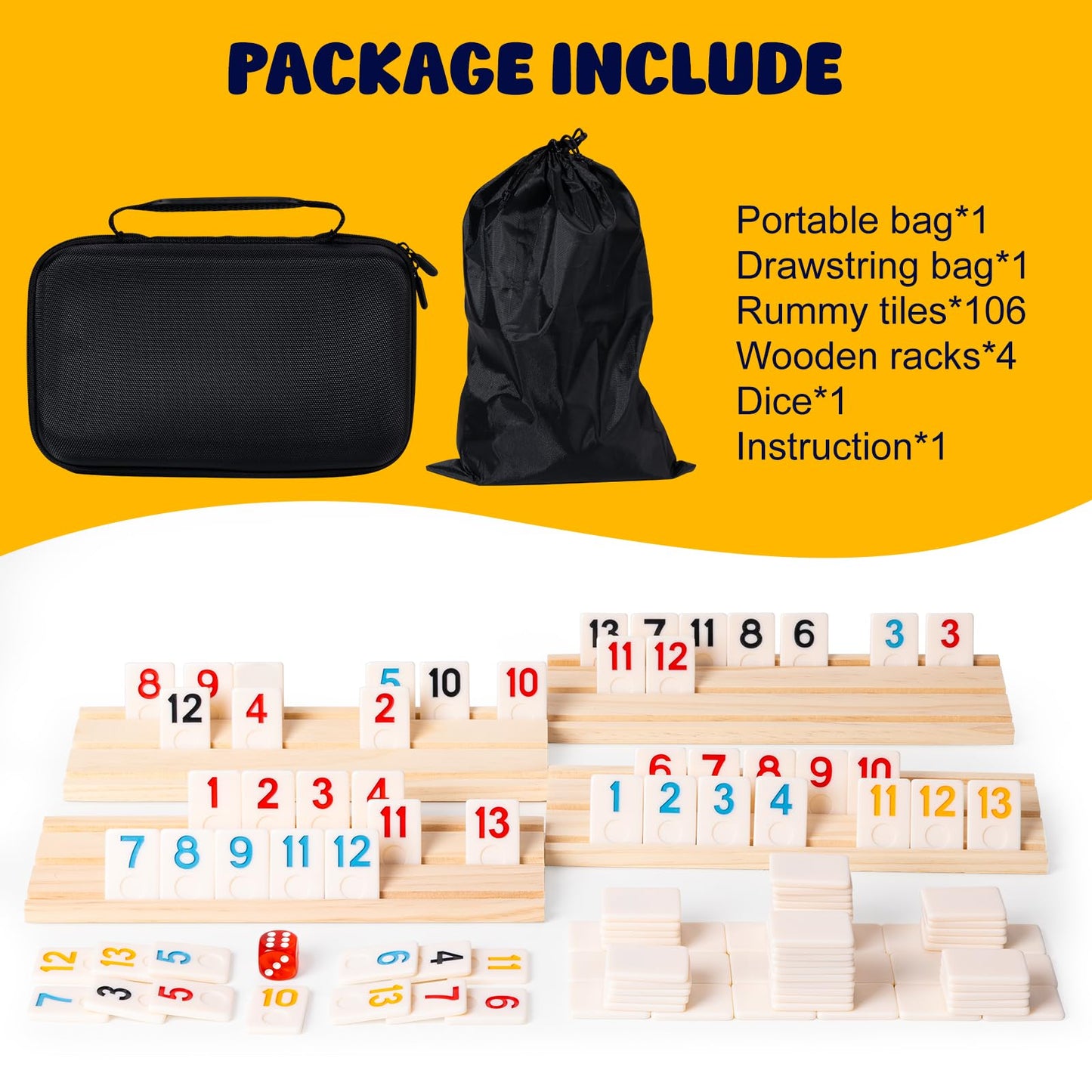 OZFRHO Rummy Cube Game Set - 106 Tiles, 4 Wooden Racks, Portable Case | Family Travel Board Game