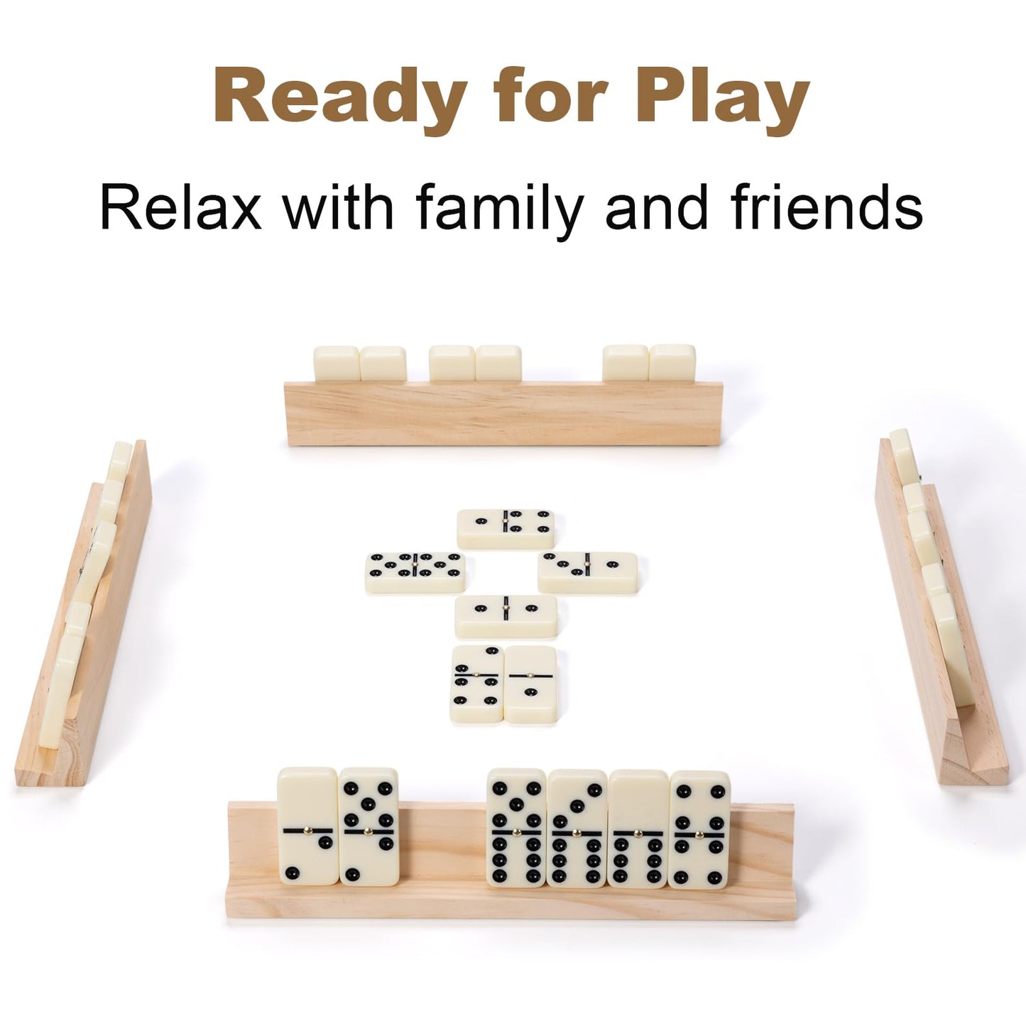 OZFRHO Dominoes Set for Adults — 28 Tiles, 4 Wooden Racks, Travel-Ready