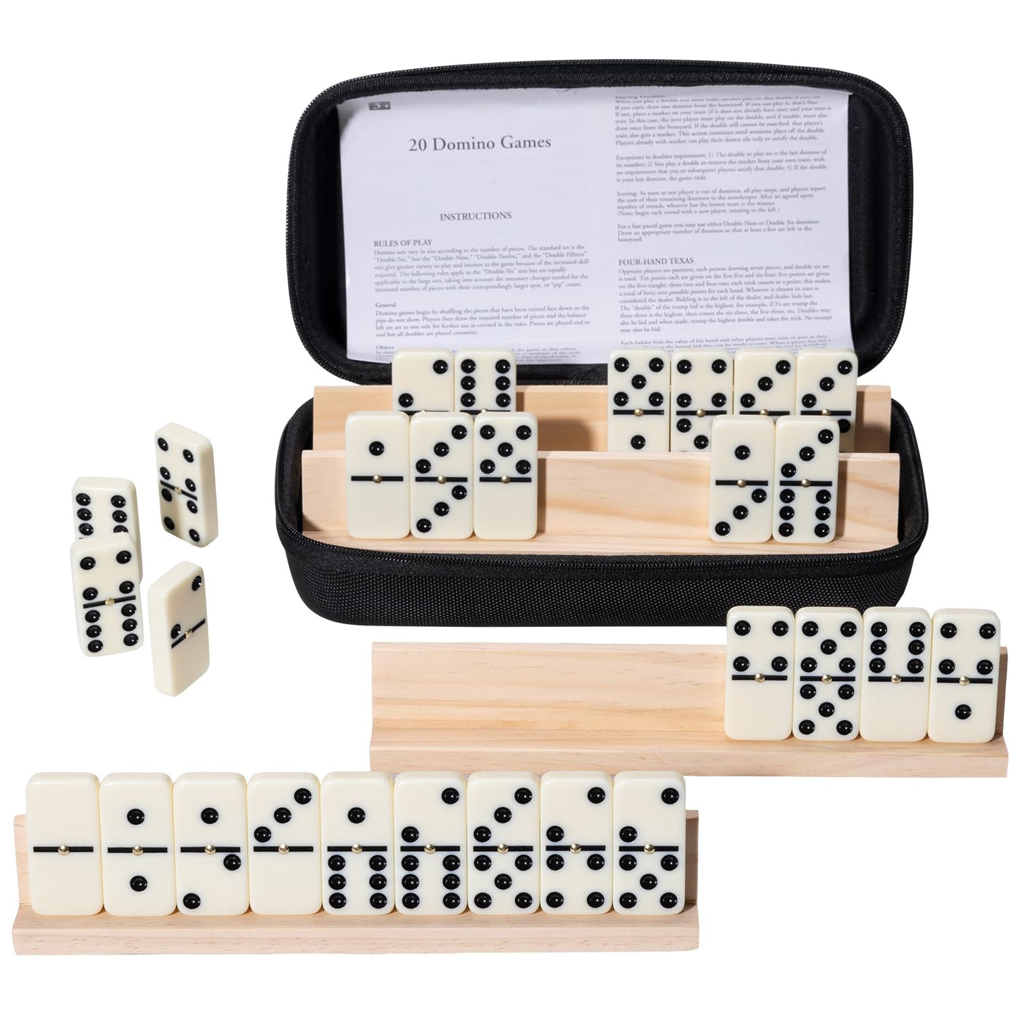 OZFRHO Dominoes Set for Adults — 28 Tiles, 4 Wooden Racks, Travel-Ready
