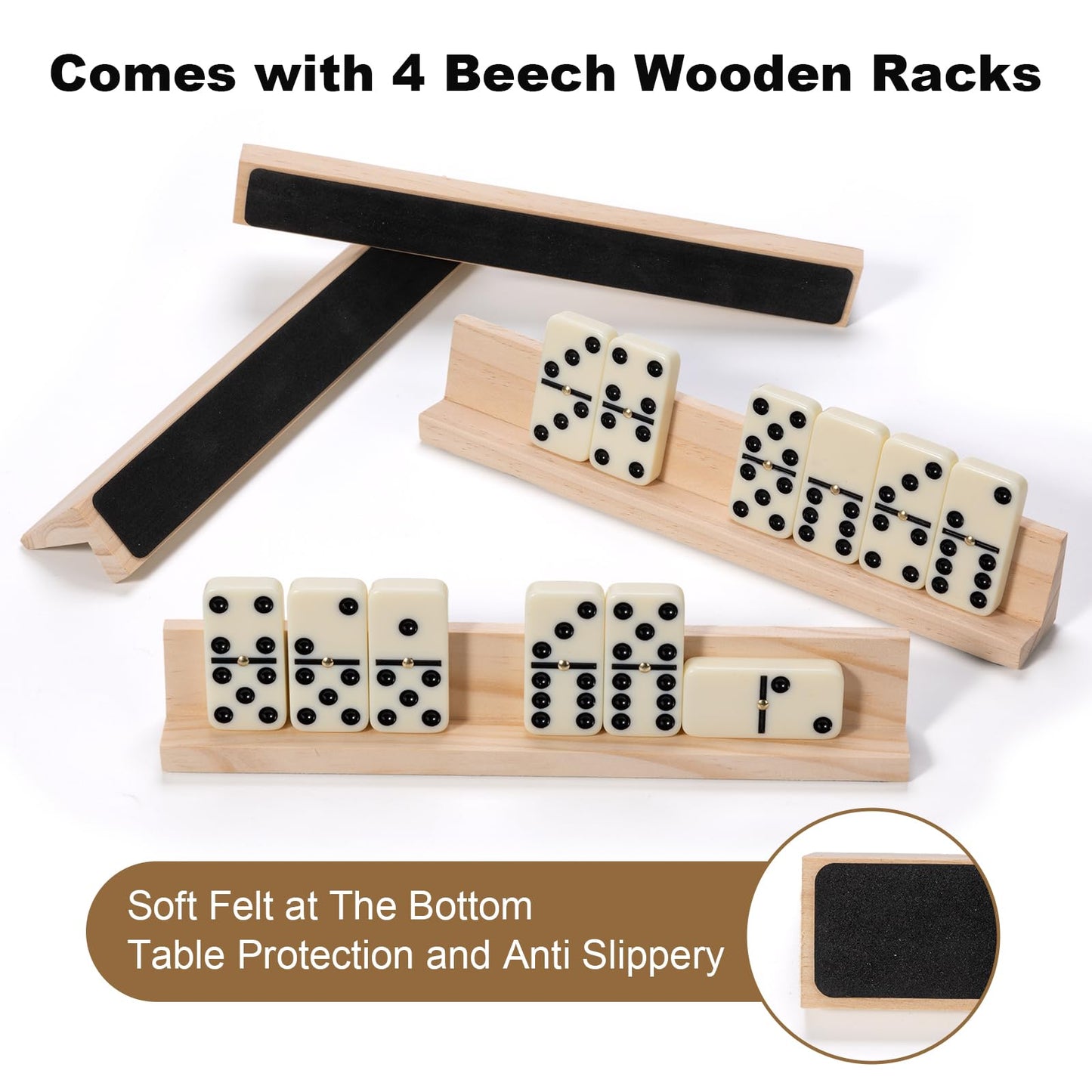 OZFRHO Dominoes Set for Adults — 28 Tiles, 4 Wooden Racks, Travel-Ready