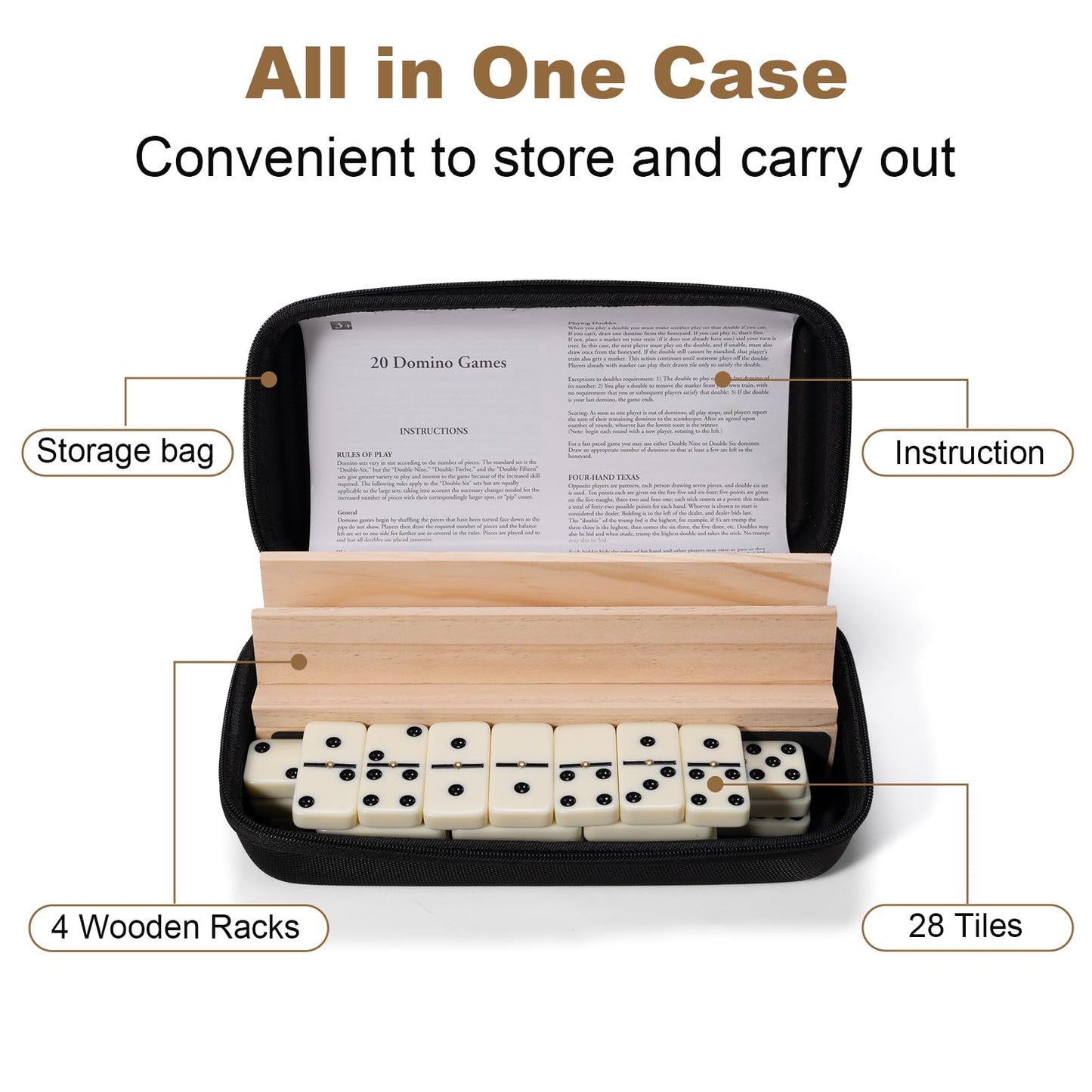 OZFRHO Dominoes Set for Adults — 28 Tiles, 4 Wooden Racks, Travel-Ready