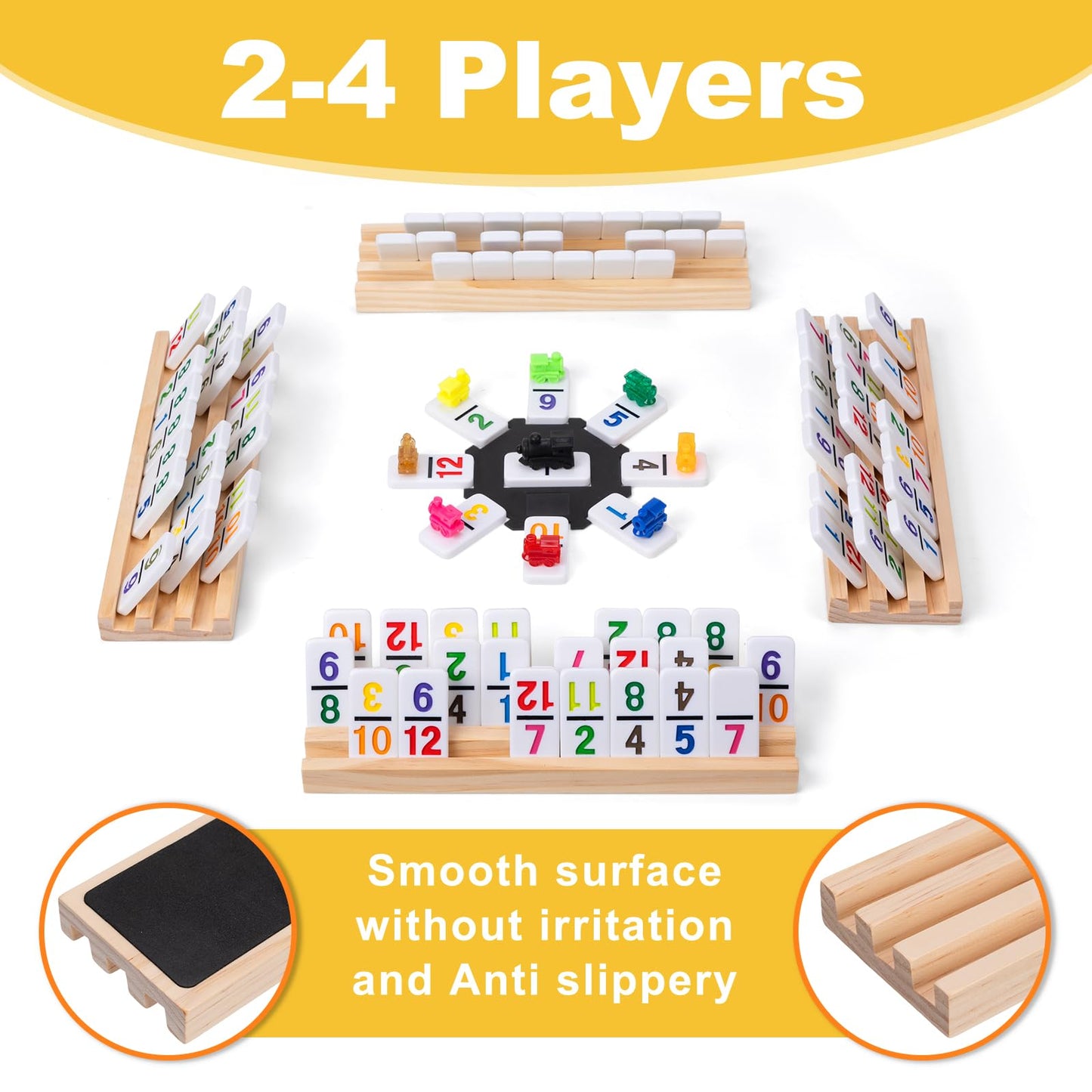 OZFRHO Mexican Train Dominoes Set - Double 12, 91 Tiles, 4 Wooden Racks & Travel Case
