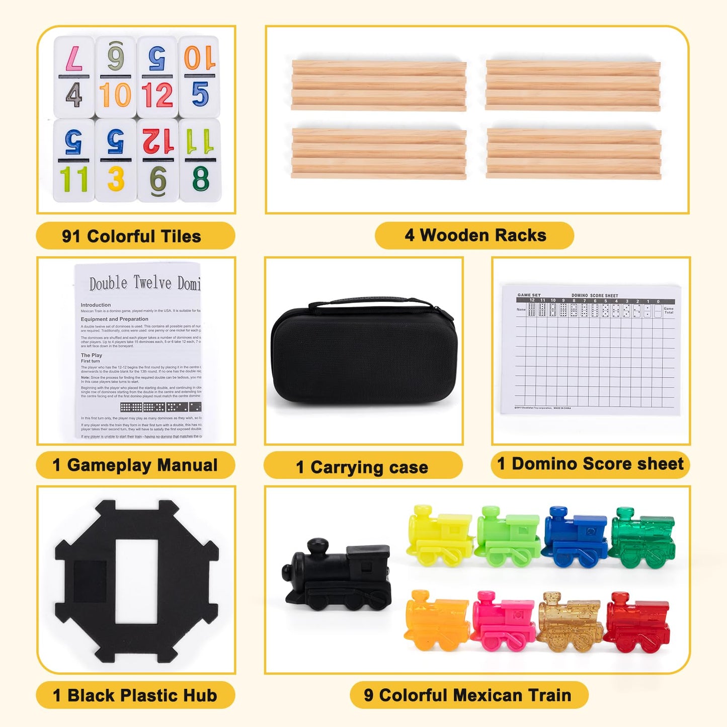 OZFRHO Mexican Train Dominoes Set - Double 12, 91 Tiles, 4 Wooden Racks & Travel Case