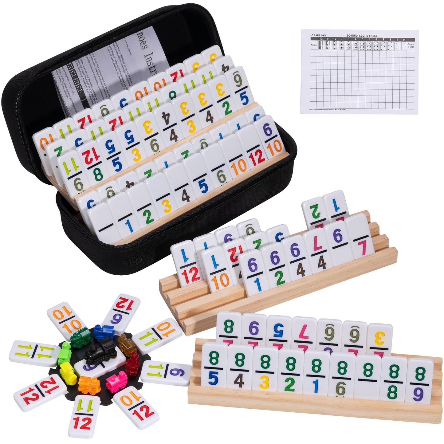OZFRHO Mexican Train Dominoes Set - Double 12, 91 Tiles, 4 Wooden Racks & Travel Case