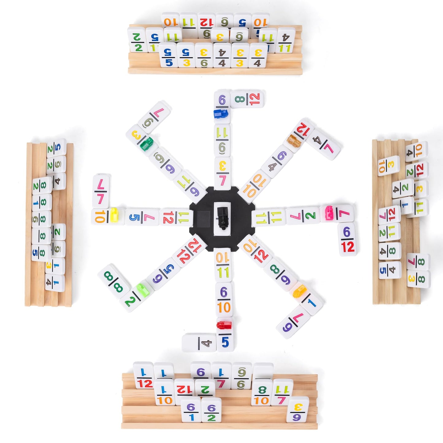OZFRHO Mexican Train Dominoes Set - Double 12, 91 Tiles, 4 Wooden Racks & Travel Case